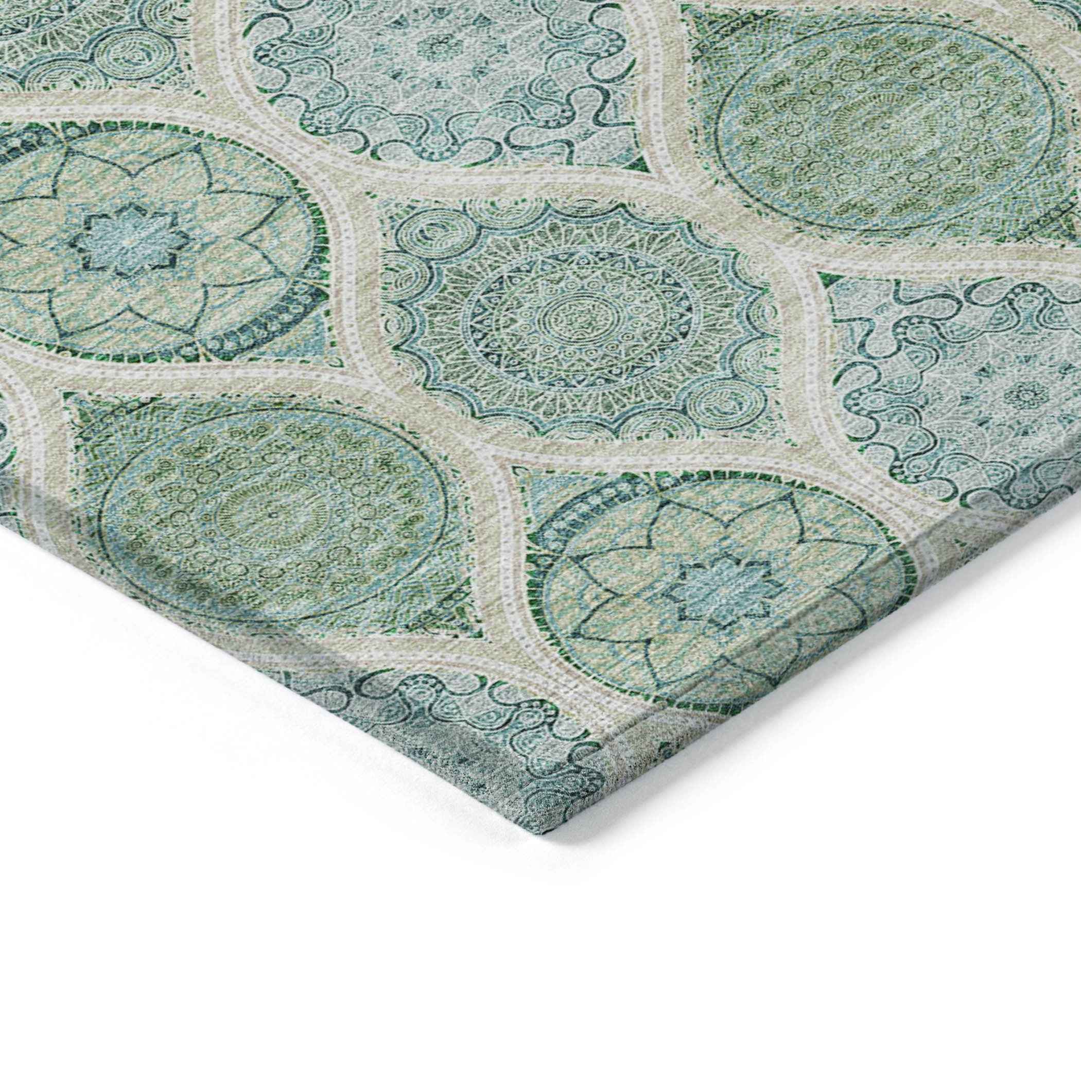 3' X 5' Sage Ivory And Teal Blue Floral Medallion Washable Indoor Outdoor Area Rug