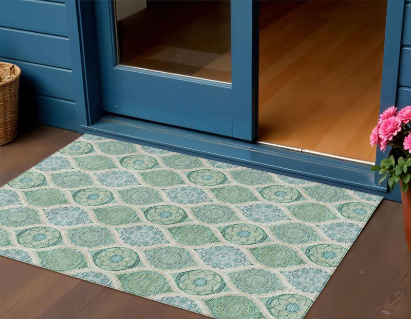 3' X 5' Sage Ivory And Teal Blue Floral Medallion Washable Indoor Outdoor Area Rug