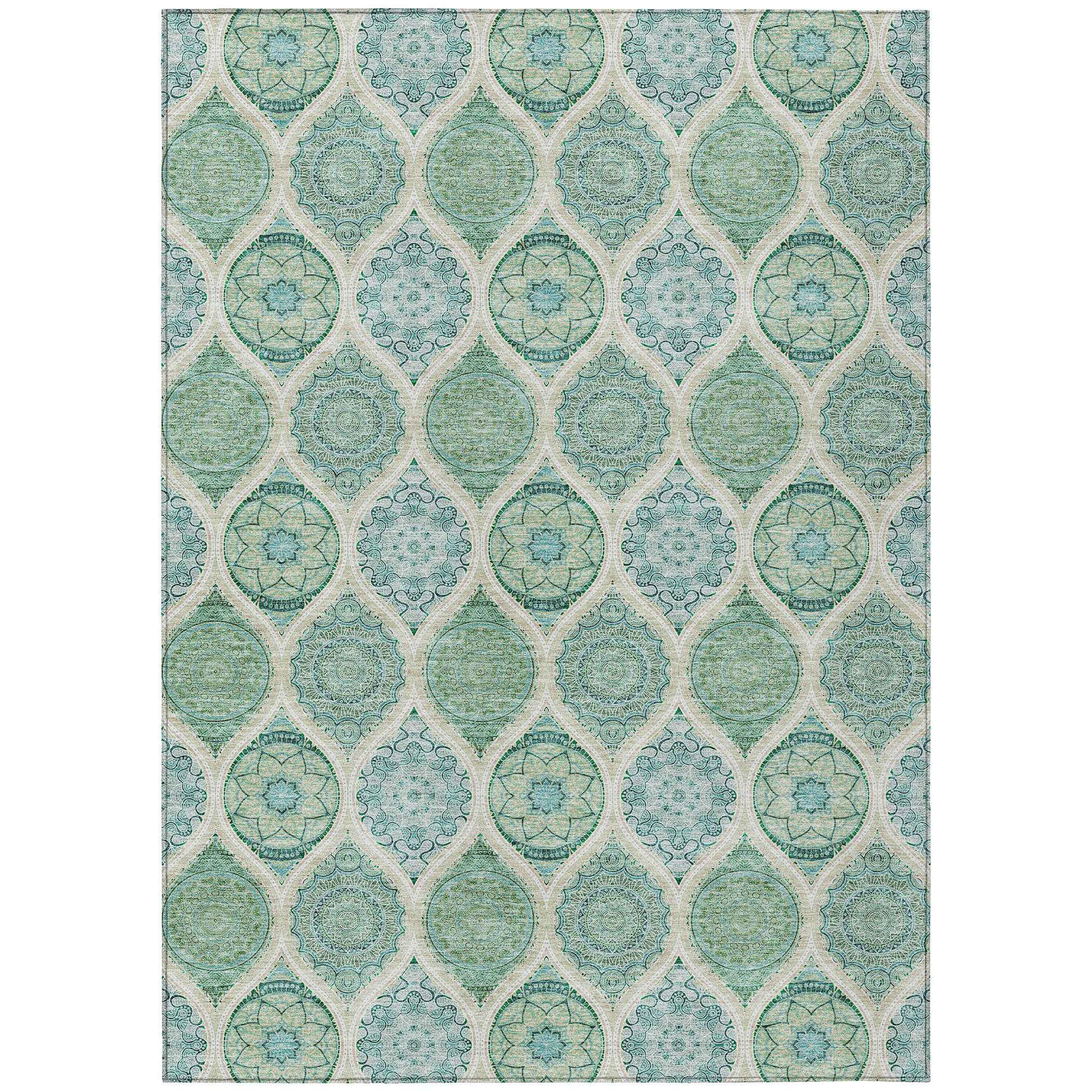 3' X 5' Sage Ivory And Teal Blue Floral Medallion Washable Indoor Outdoor Area Rug