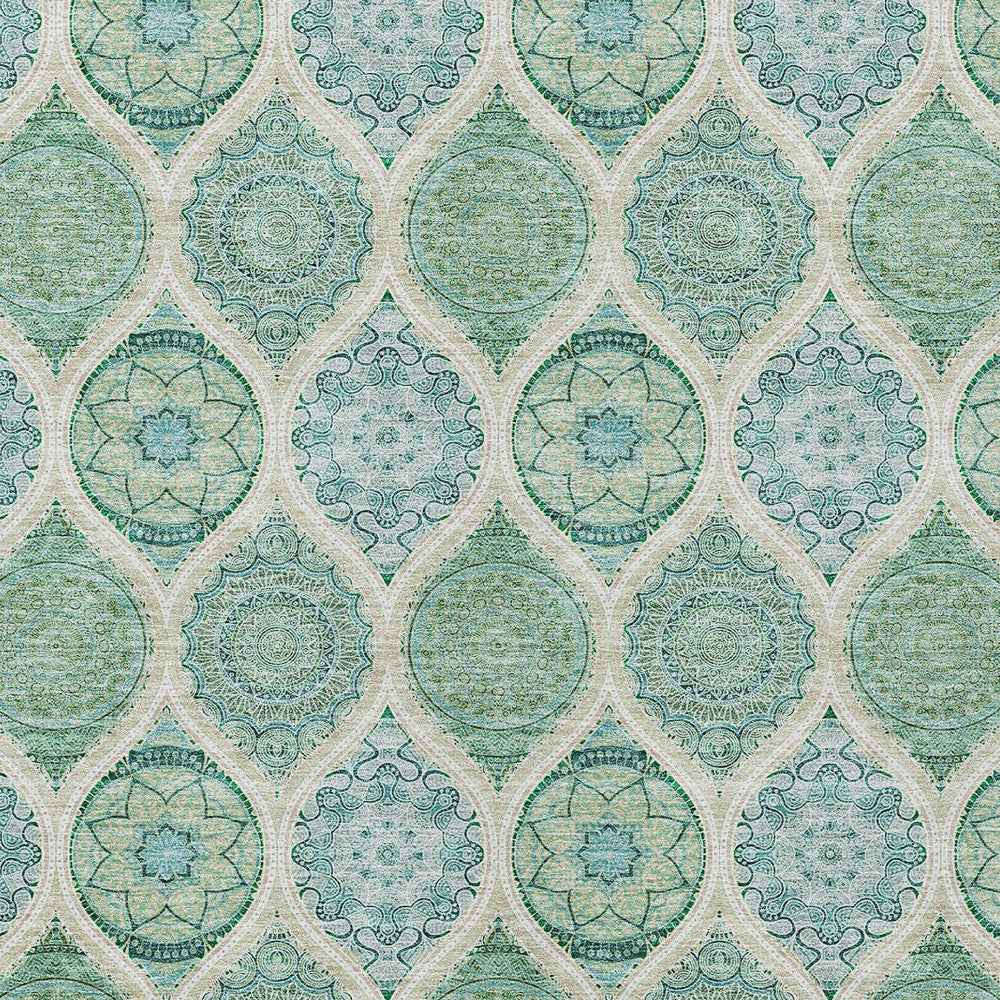 3' X 5' Sage Ivory And Teal Blue Floral Medallion Washable Indoor Outdoor Area Rug