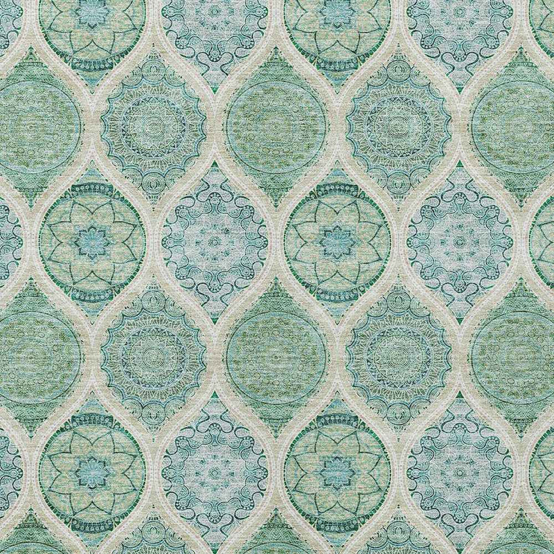 3' X 5' Sage Ivory And Teal Blue Floral Medallion Washable Indoor Outdoor Area Rug