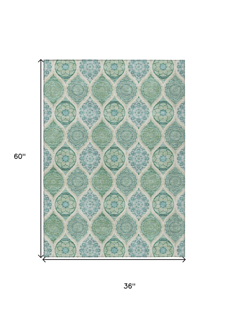 3' X 5' Sage Ivory And Teal Blue Floral Medallion Washable Indoor Outdoor Area Rug