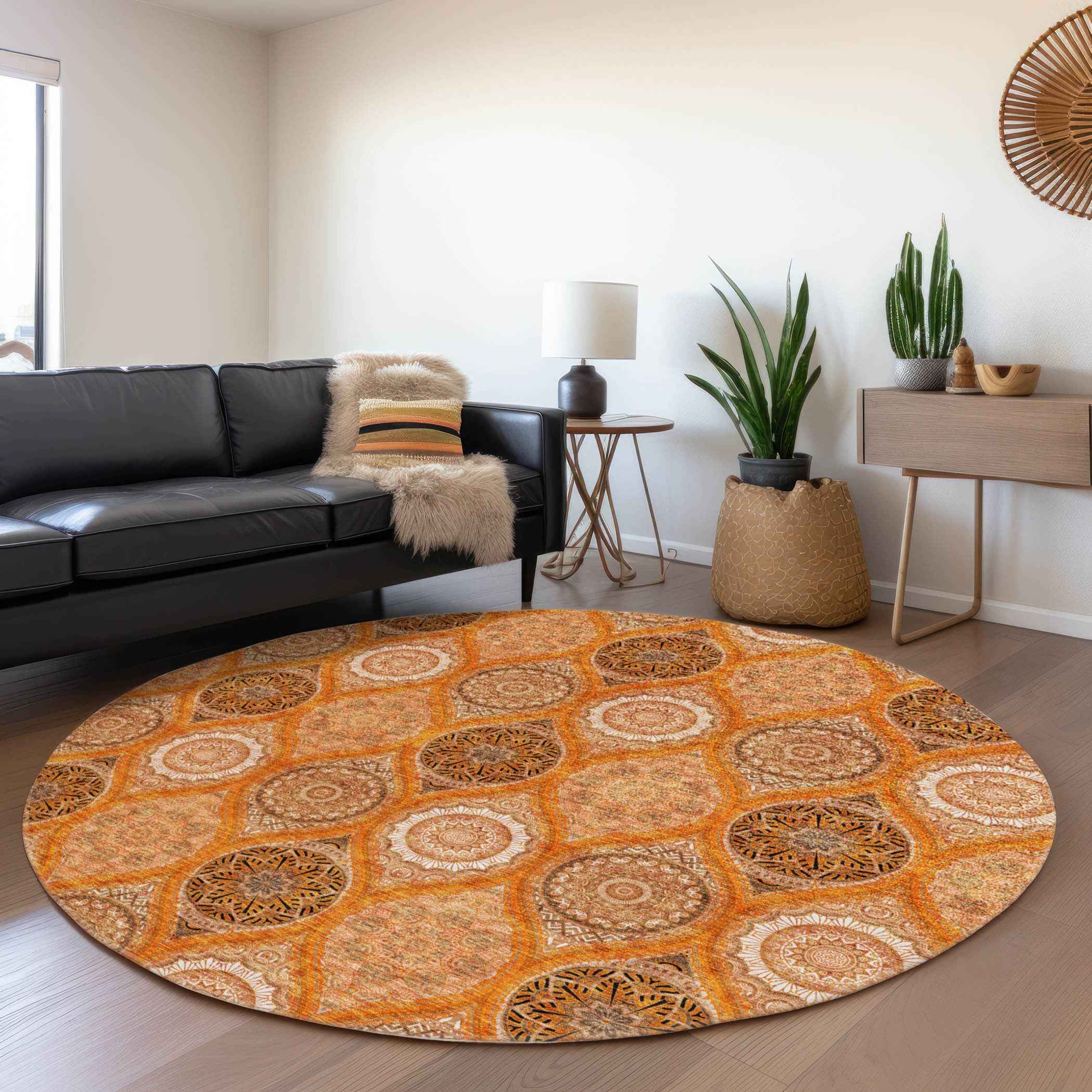 8' Orange Ivory And Gray Round Floral Medallion Washable Indoor Outdoor Area Rug