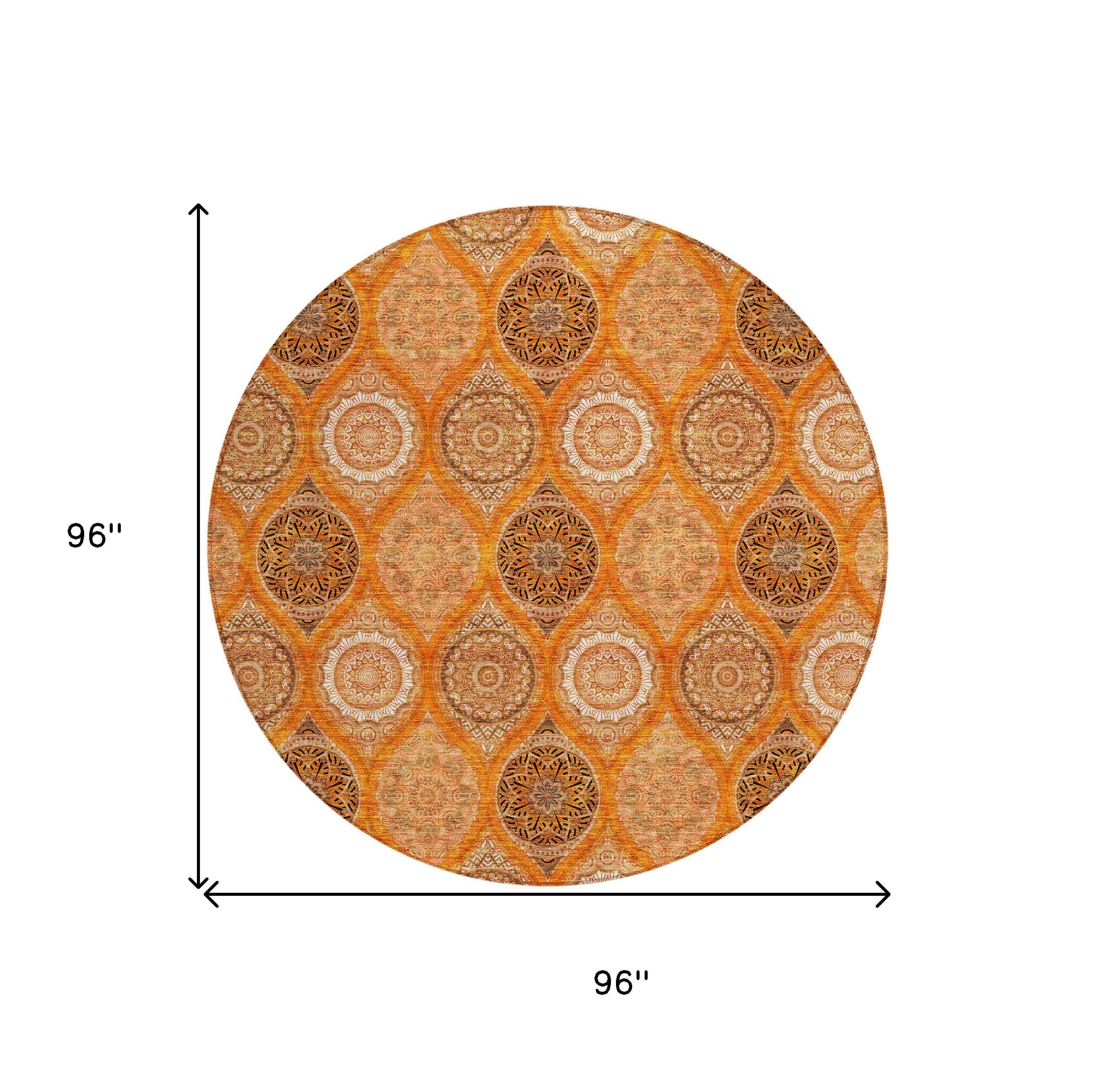 8' Orange Ivory And Gray Round Floral Medallion Washable Indoor Outdoor Area Rug