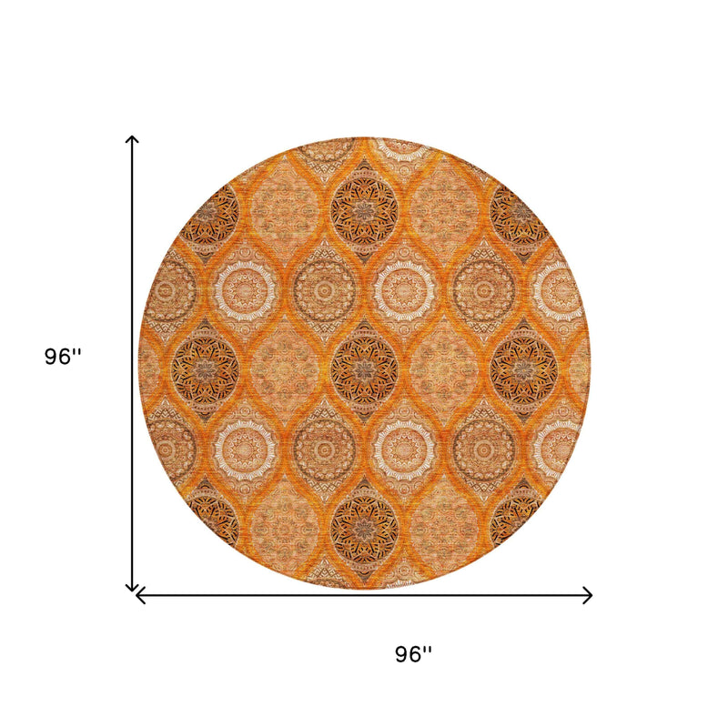 8' Orange Ivory And Gray Round Floral Medallion Washable Indoor Outdoor Area Rug