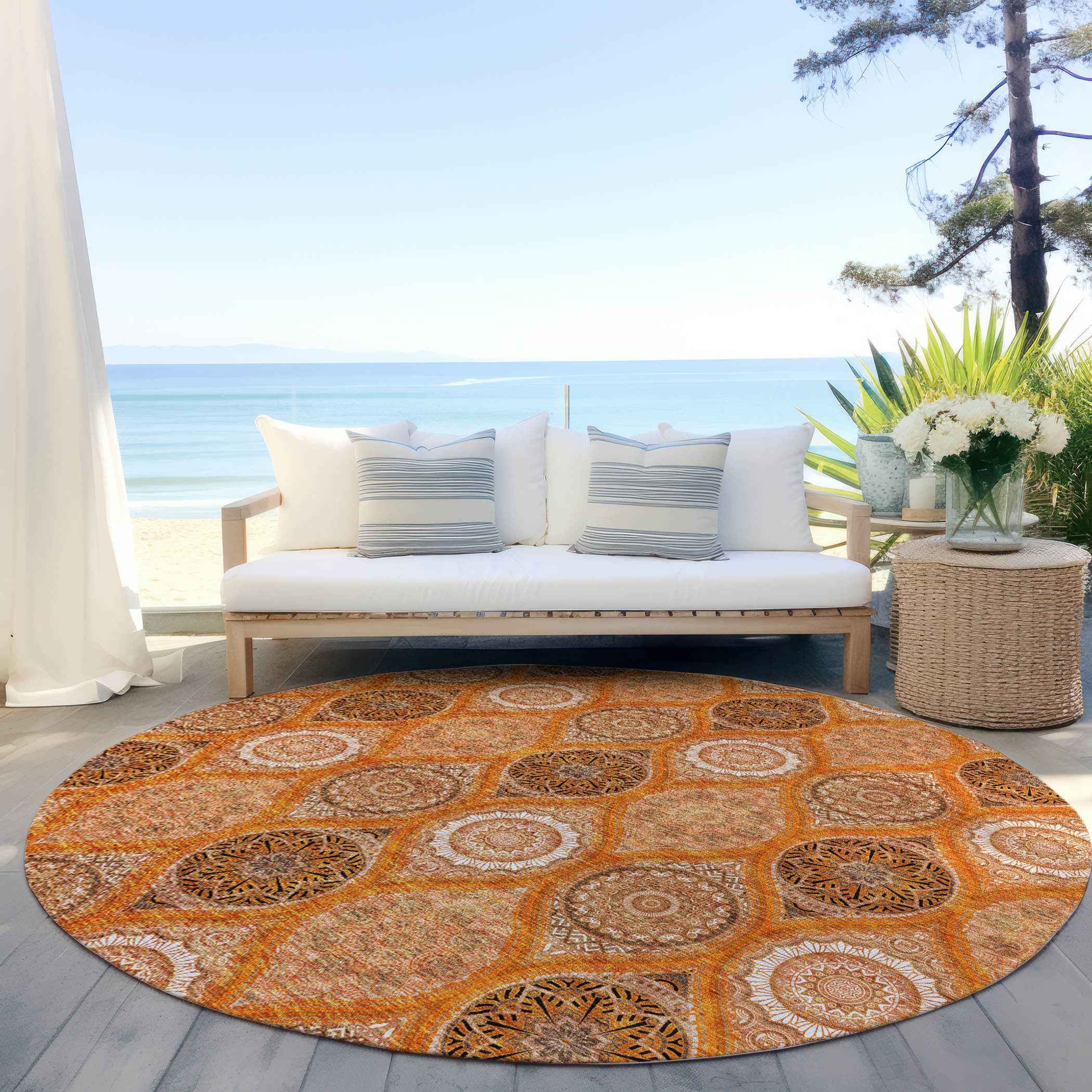 8' Orange Ivory And Gray Round Floral Medallion Washable Indoor Outdoor Area Rug