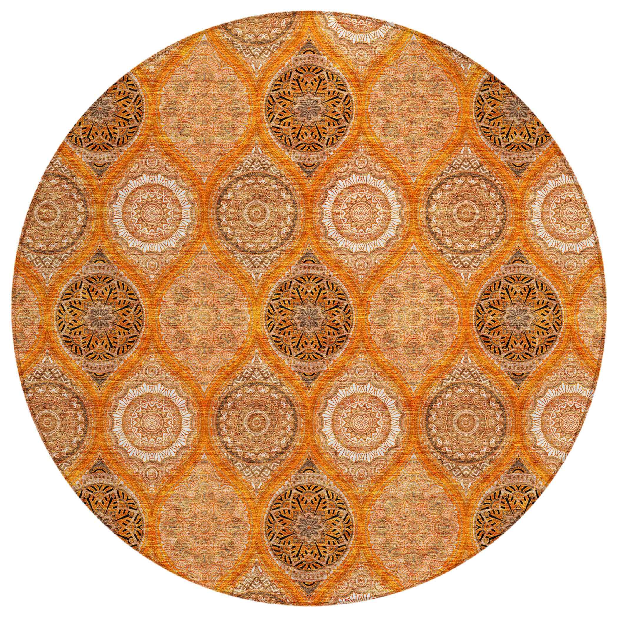 8' Orange Ivory And Gray Round Floral Medallion Washable Indoor Outdoor Area Rug