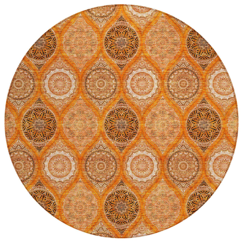 8' Orange Ivory And Gray Round Floral Medallion Washable Indoor Outdoor Area Rug