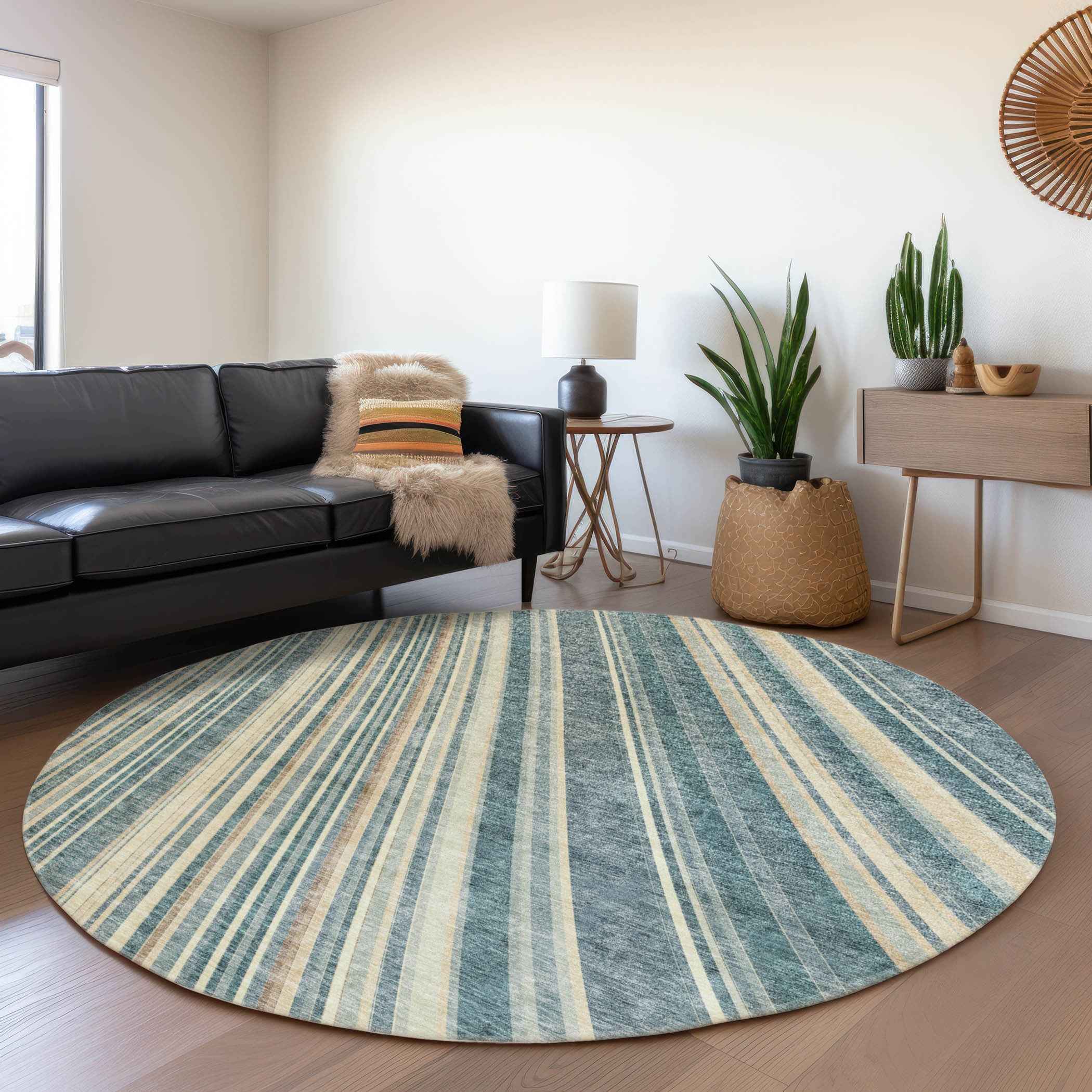 8' Sky Blue Beige And Tan Round Striped Washable Indoor Outdoor Area Rug