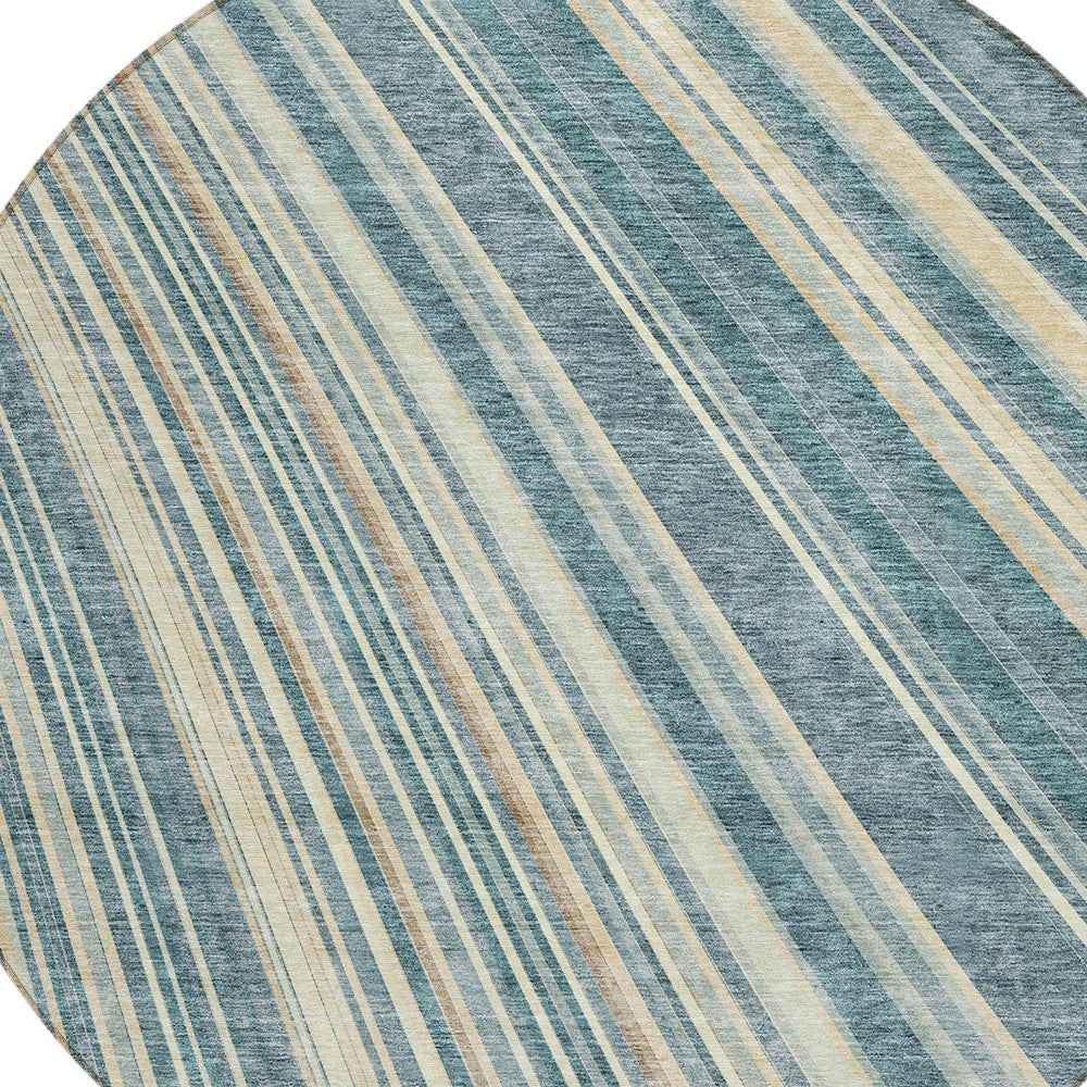 8' Sky Blue Beige And Tan Round Striped Washable Indoor Outdoor Area Rug