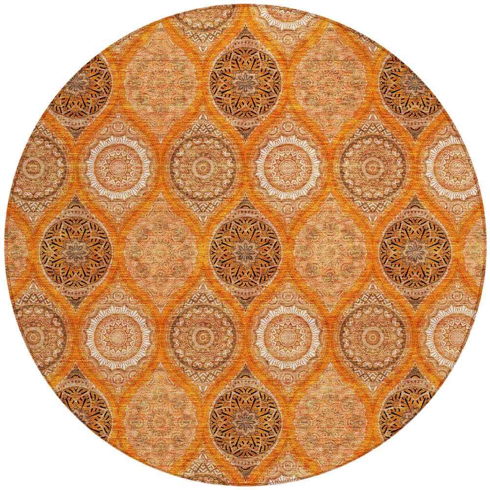 8' Orange Ivory And Gray Round Floral Medallion Washable Indoor Outdoor Area Rug