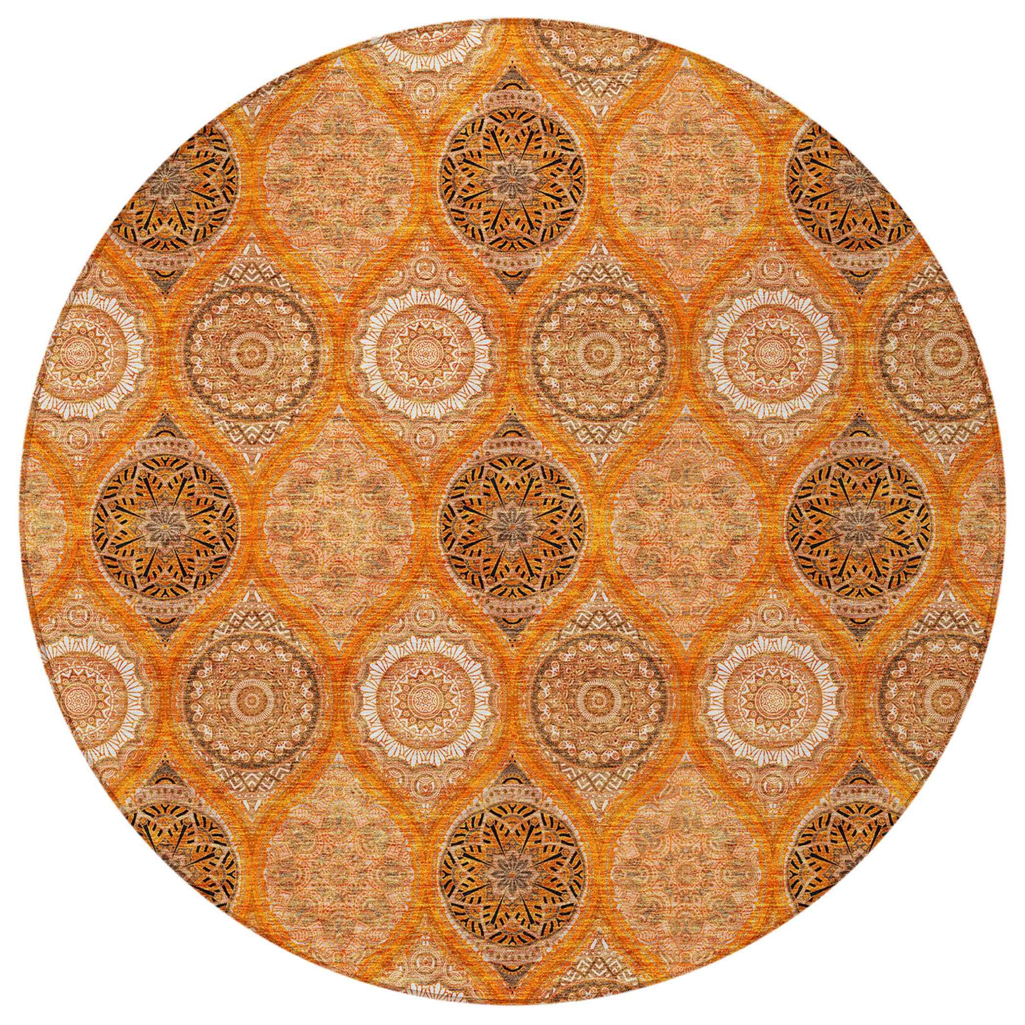 8' Orange Ivory And Gray Round Floral Medallion Washable Indoor Outdoor Area Rug