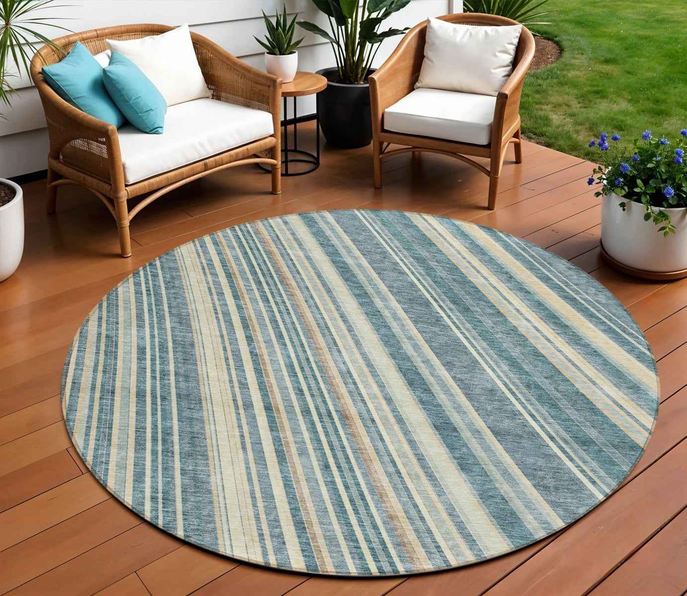 8' Sky Blue Beige And Tan Round Striped Washable Indoor Outdoor Area Rug