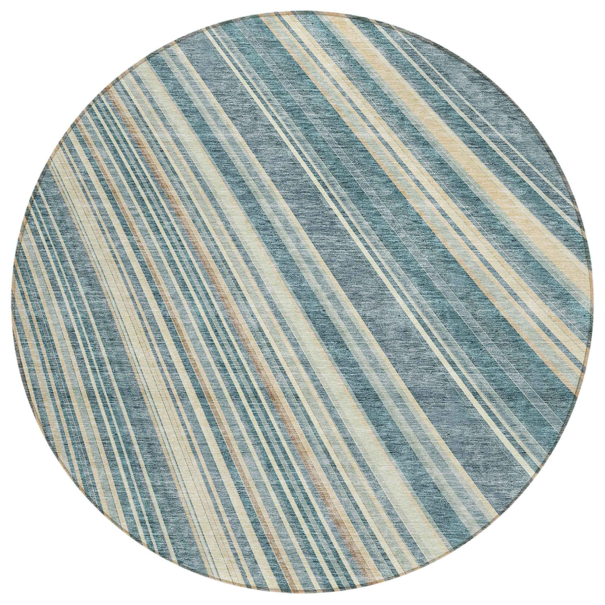 8' Sky Blue Beige And Tan Round Striped Washable Indoor Outdoor Area Rug