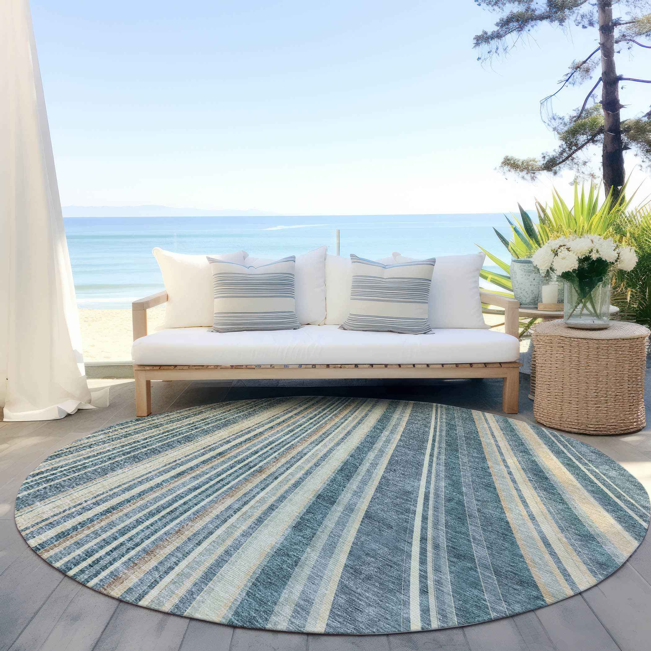 8' Sky Blue Beige And Tan Round Striped Washable Indoor Outdoor Area Rug