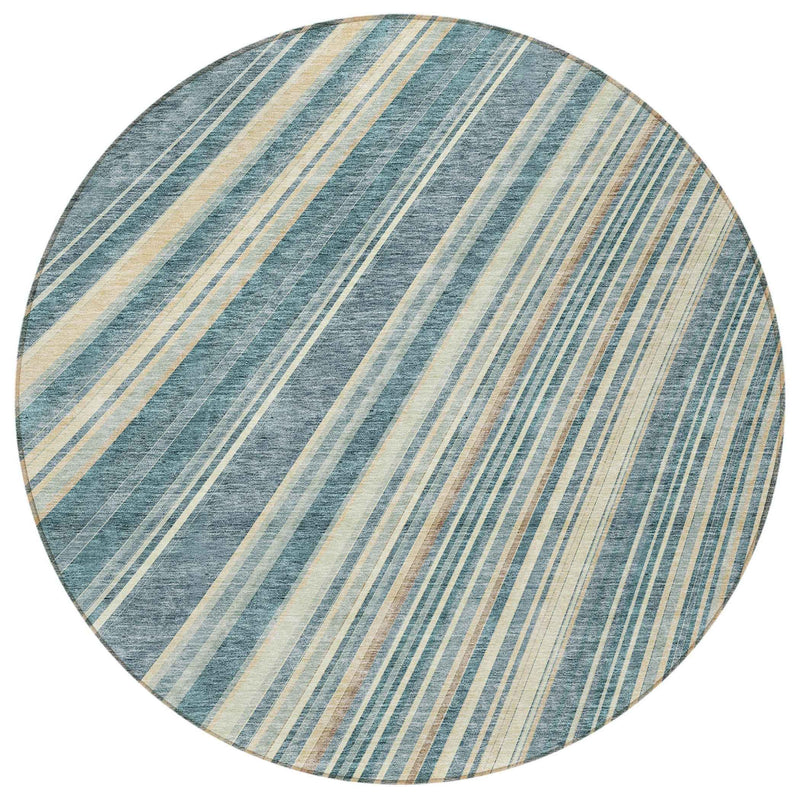 8' Sky Blue Beige And Tan Round Striped Washable Indoor Outdoor Area Rug