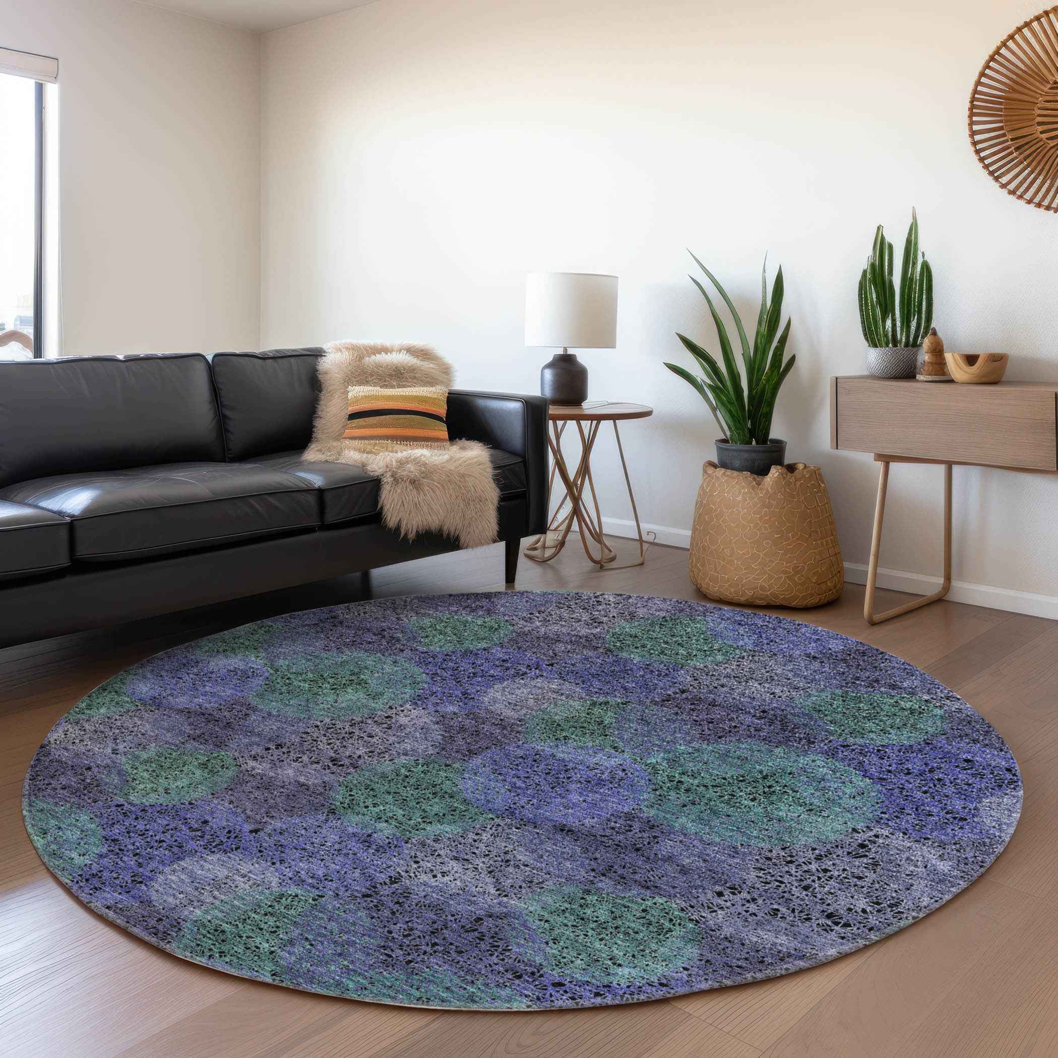 8' Purple Lavender And Green Round Polka Dot Washable Indoor Outdoor Area Rug