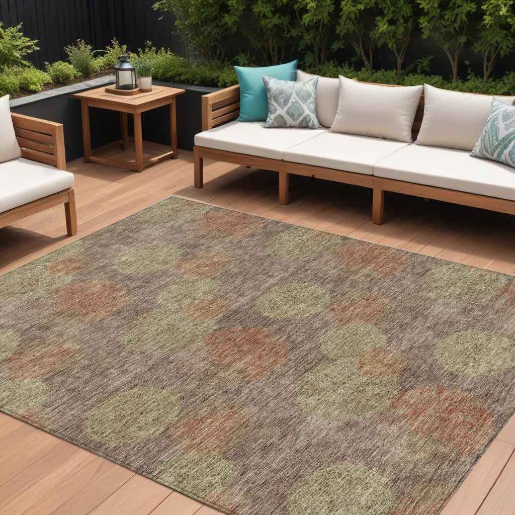 9' X 12' Brown Taupe And Sage Polka Dot Washable Indoor Outdoor Area Rug