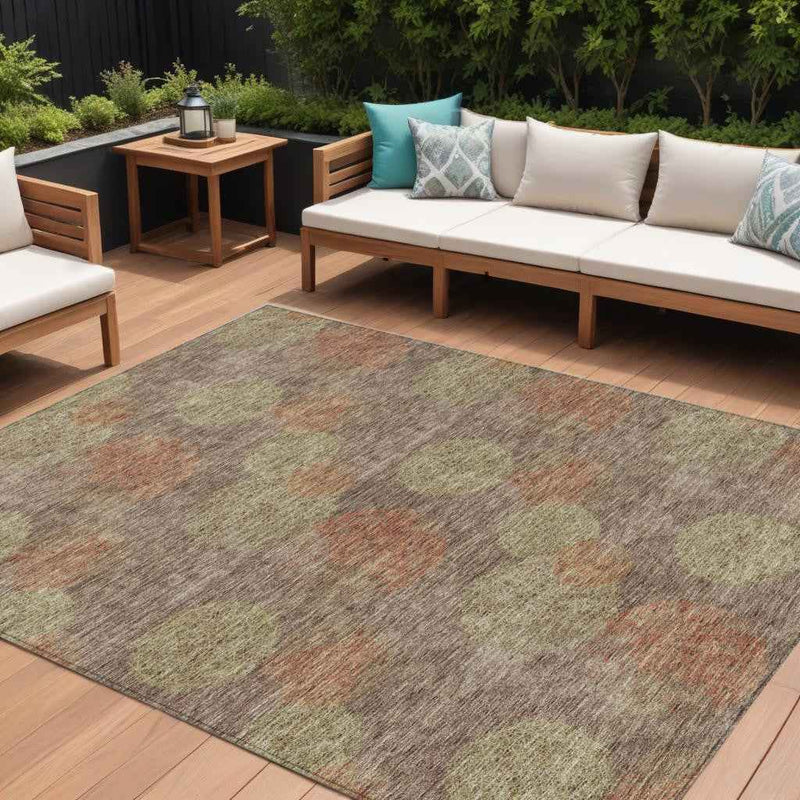 9' X 12' Brown Taupe And Sage Polka Dot Washable Indoor Outdoor Area Rug
