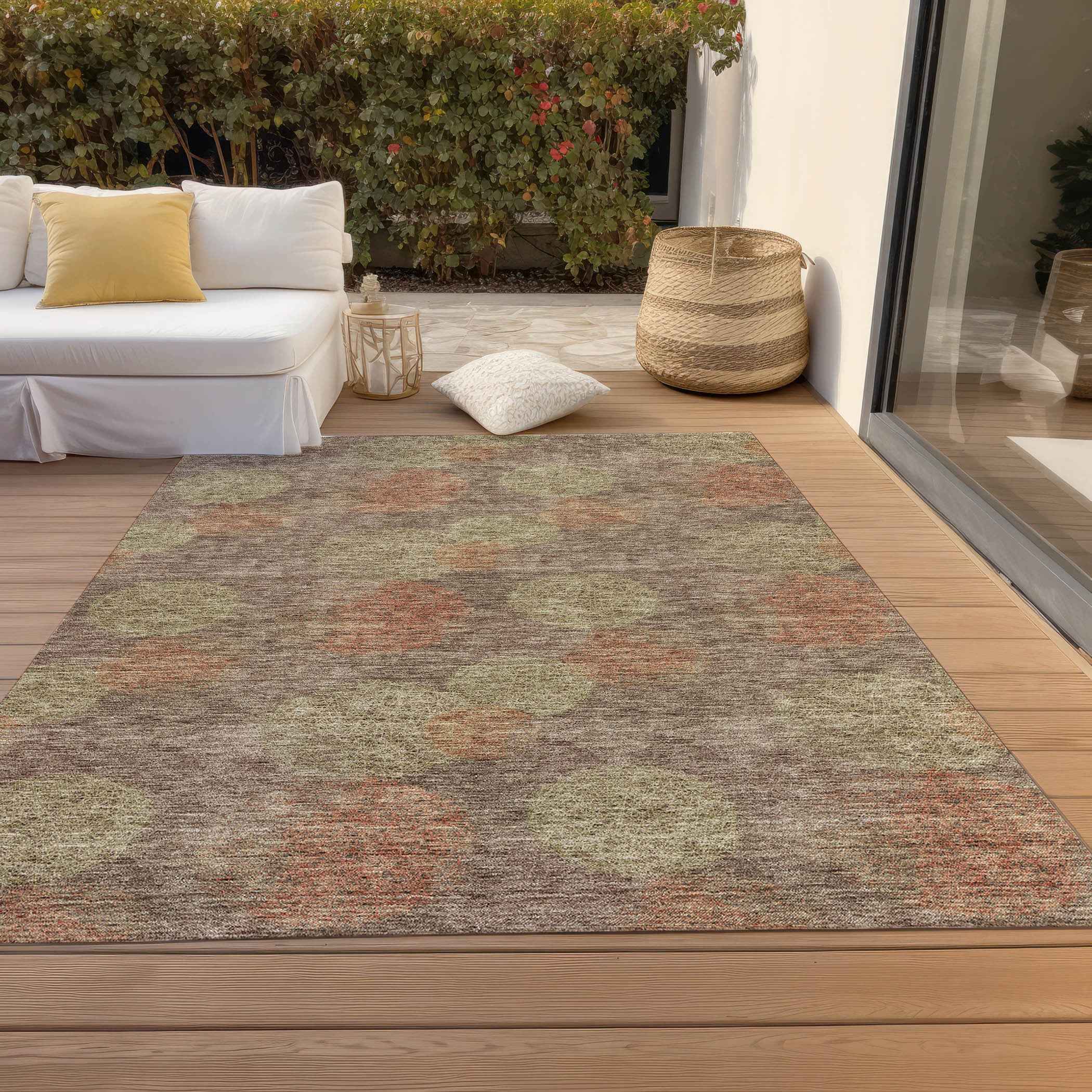 9' X 12' Brown Taupe And Sage Polka Dot Washable Indoor Outdoor Area Rug