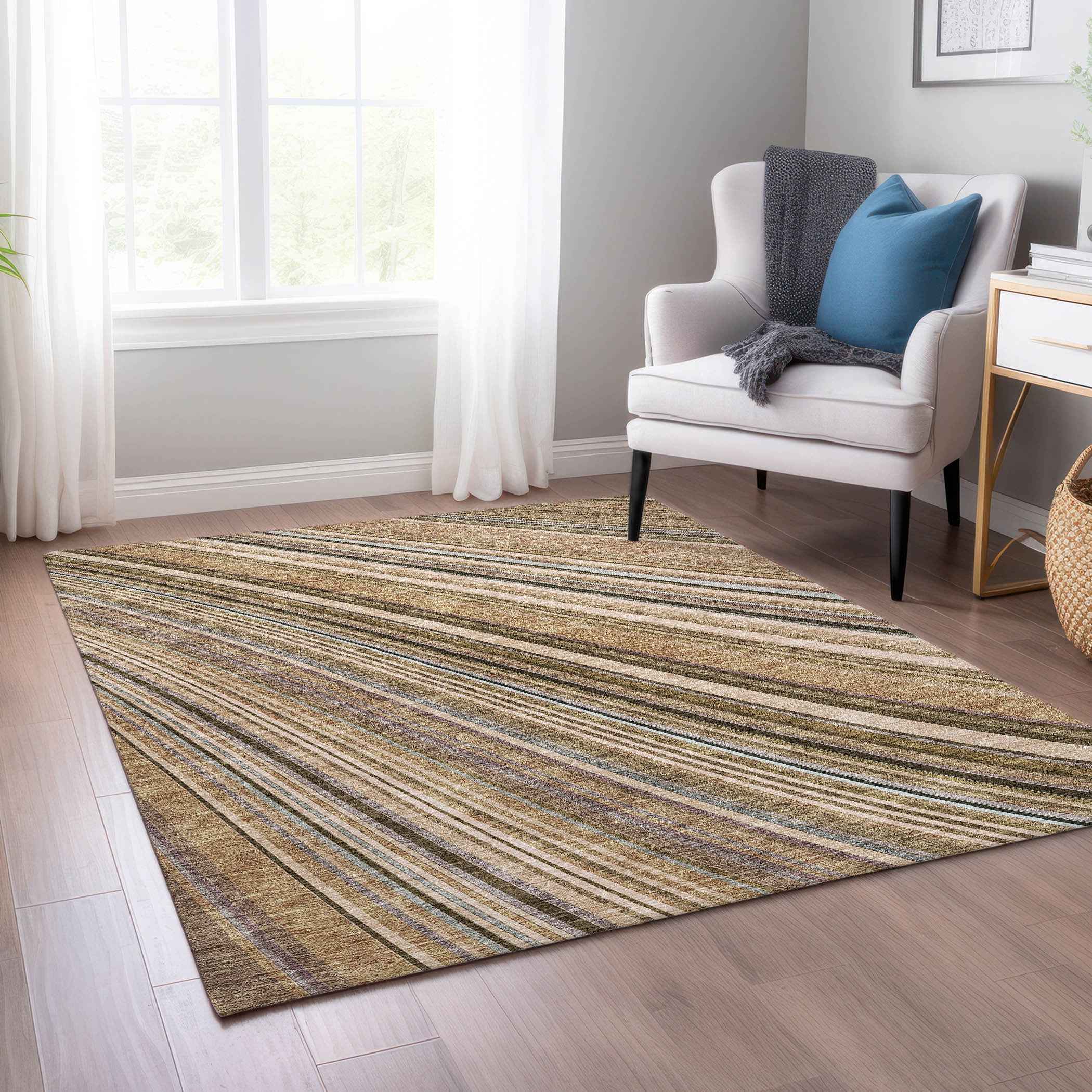 3' X 5' Taupe Beige And Brown Striped Washable Indoor Outdoor Area Rug