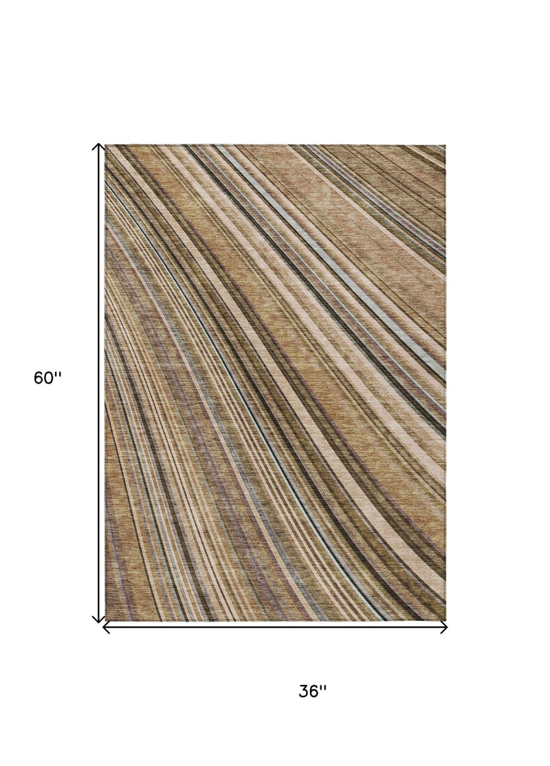 3' X 5' Taupe Beige And Brown Striped Washable Indoor Outdoor Area Rug