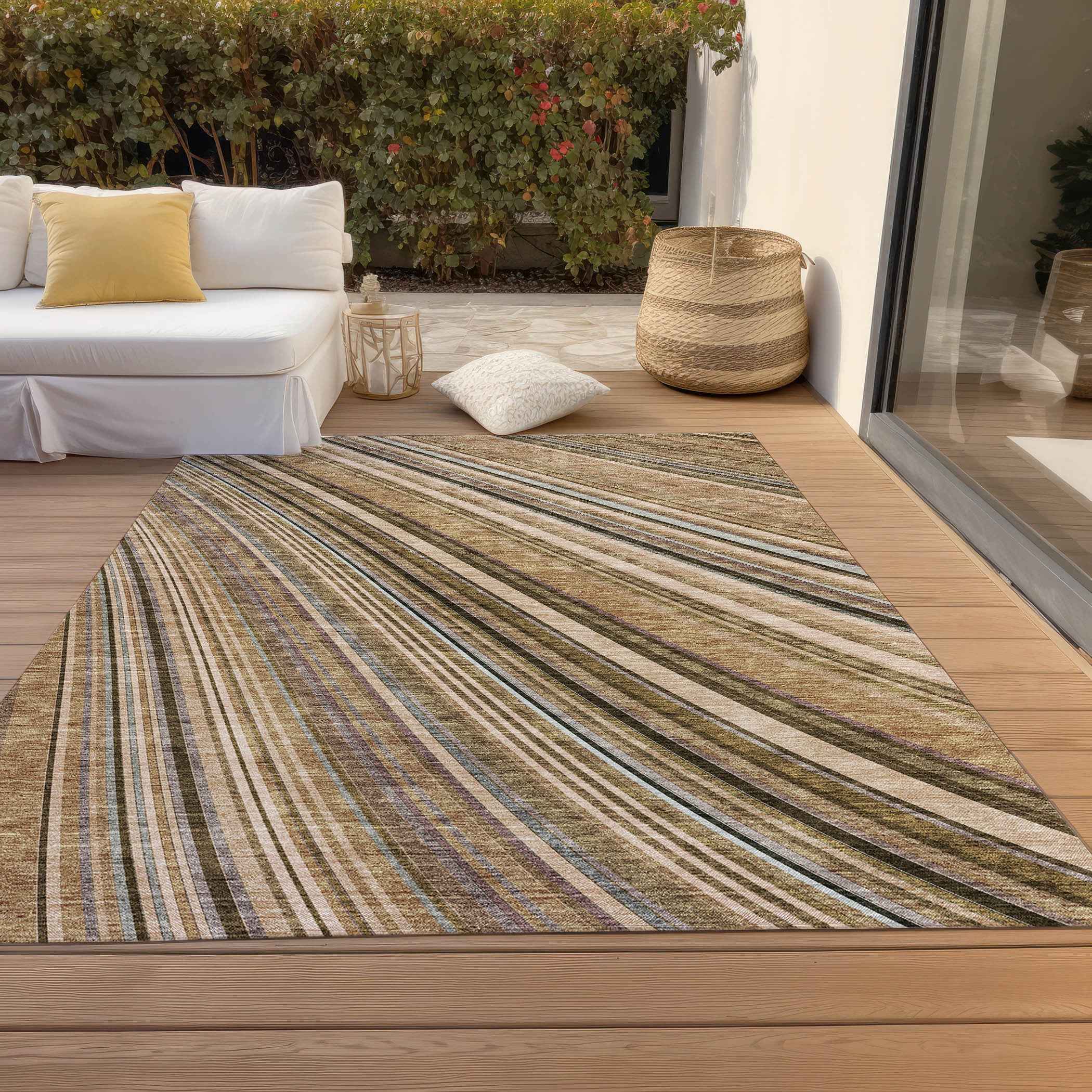 3' X 5' Taupe Beige And Brown Striped Washable Indoor Outdoor Area Rug
