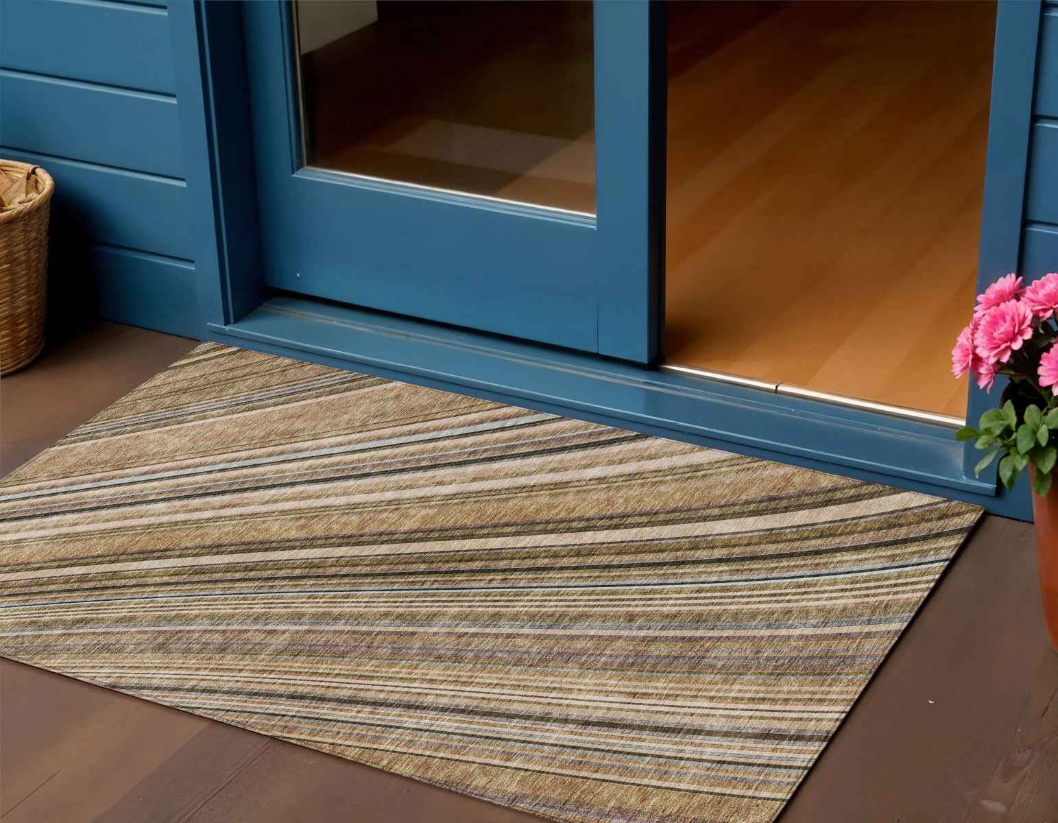 3' X 5' Taupe Beige And Brown Striped Washable Indoor Outdoor Area Rug