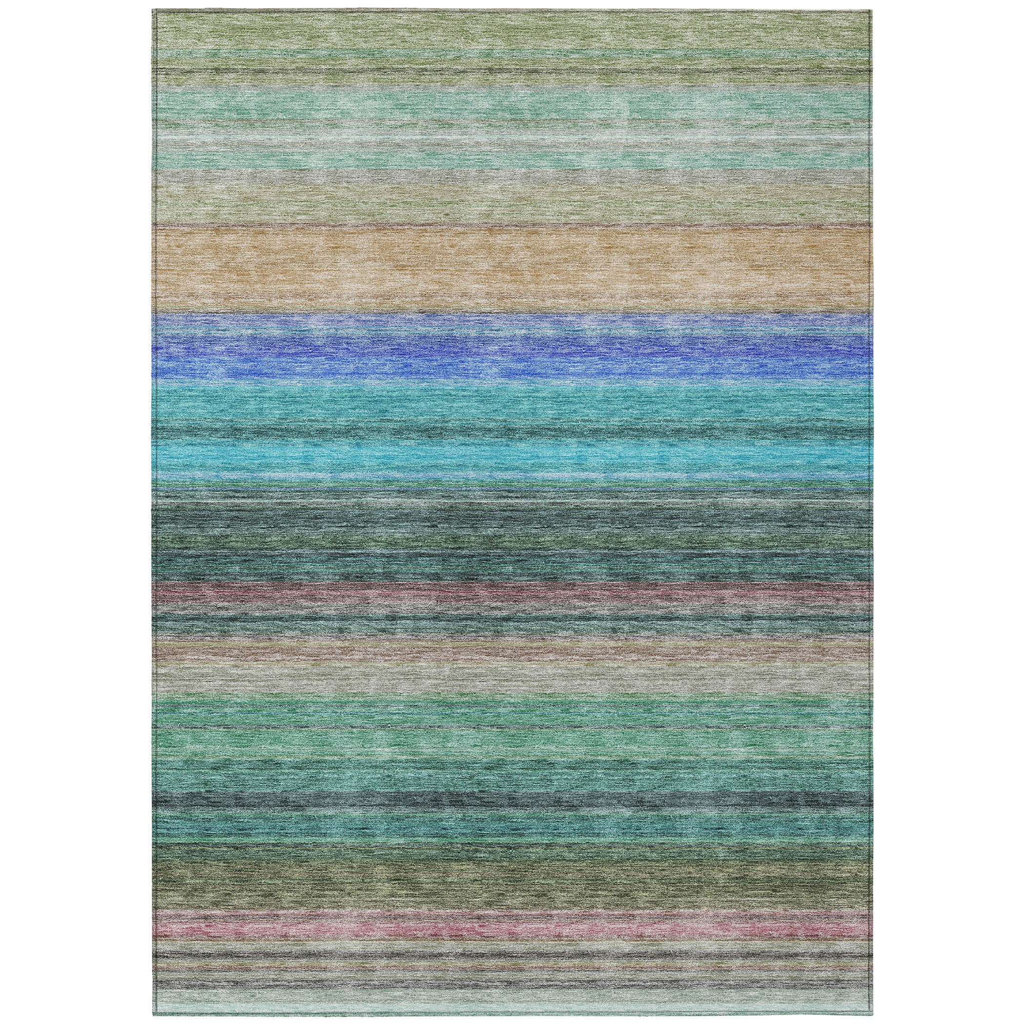 10' X 14' Sage Teal Blue And Tan Striped Washable Indoor Outdoor Area Rug - Sports & Outdoor