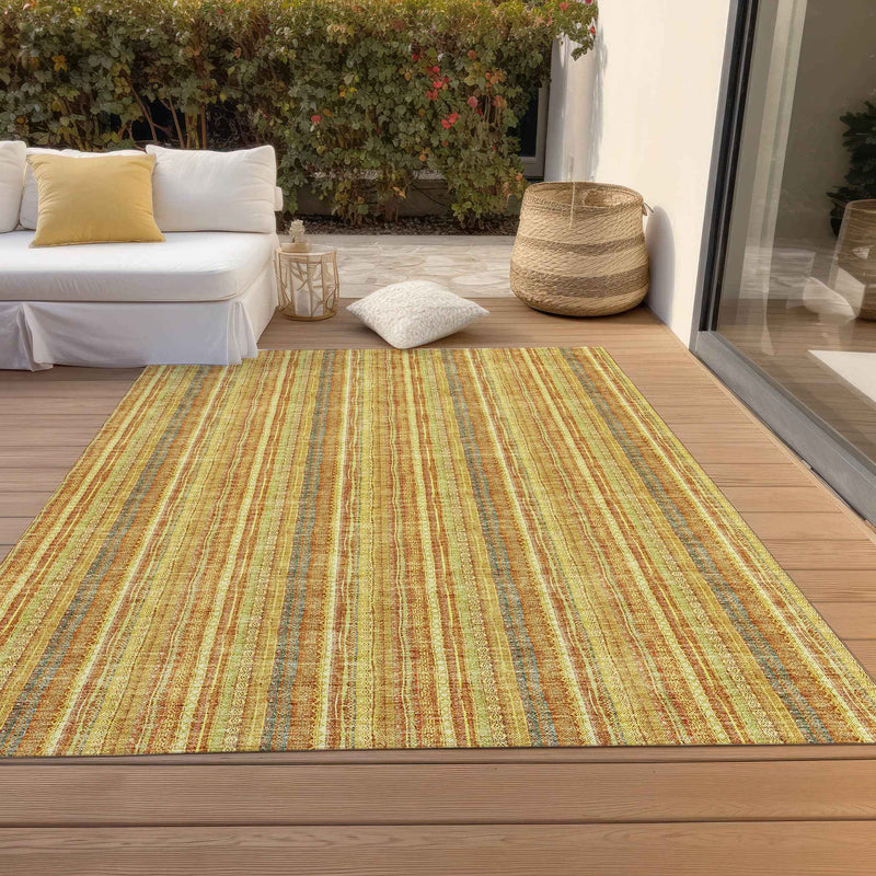 9' X 12' Gold And Copper Striped Washable Indoor Outdoor Area Rug