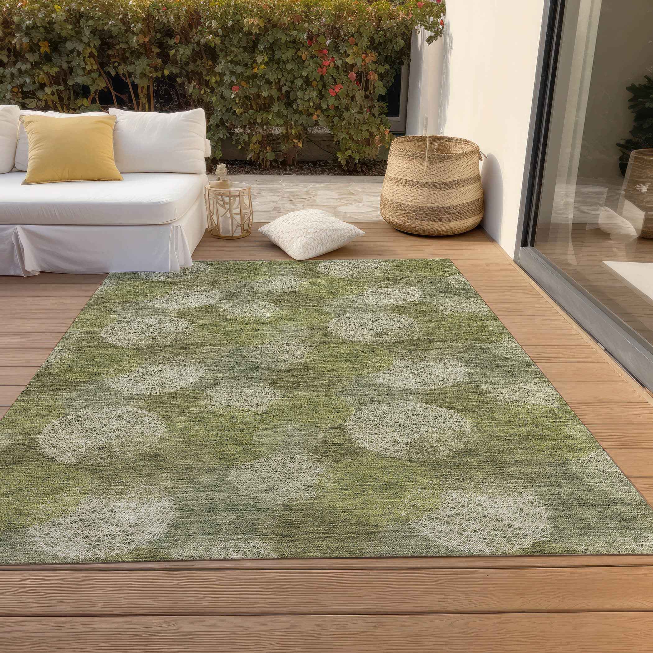8' X 10' Green Ivory And Sage Polka Dot Washable Indoor Outdoor Area Rug
