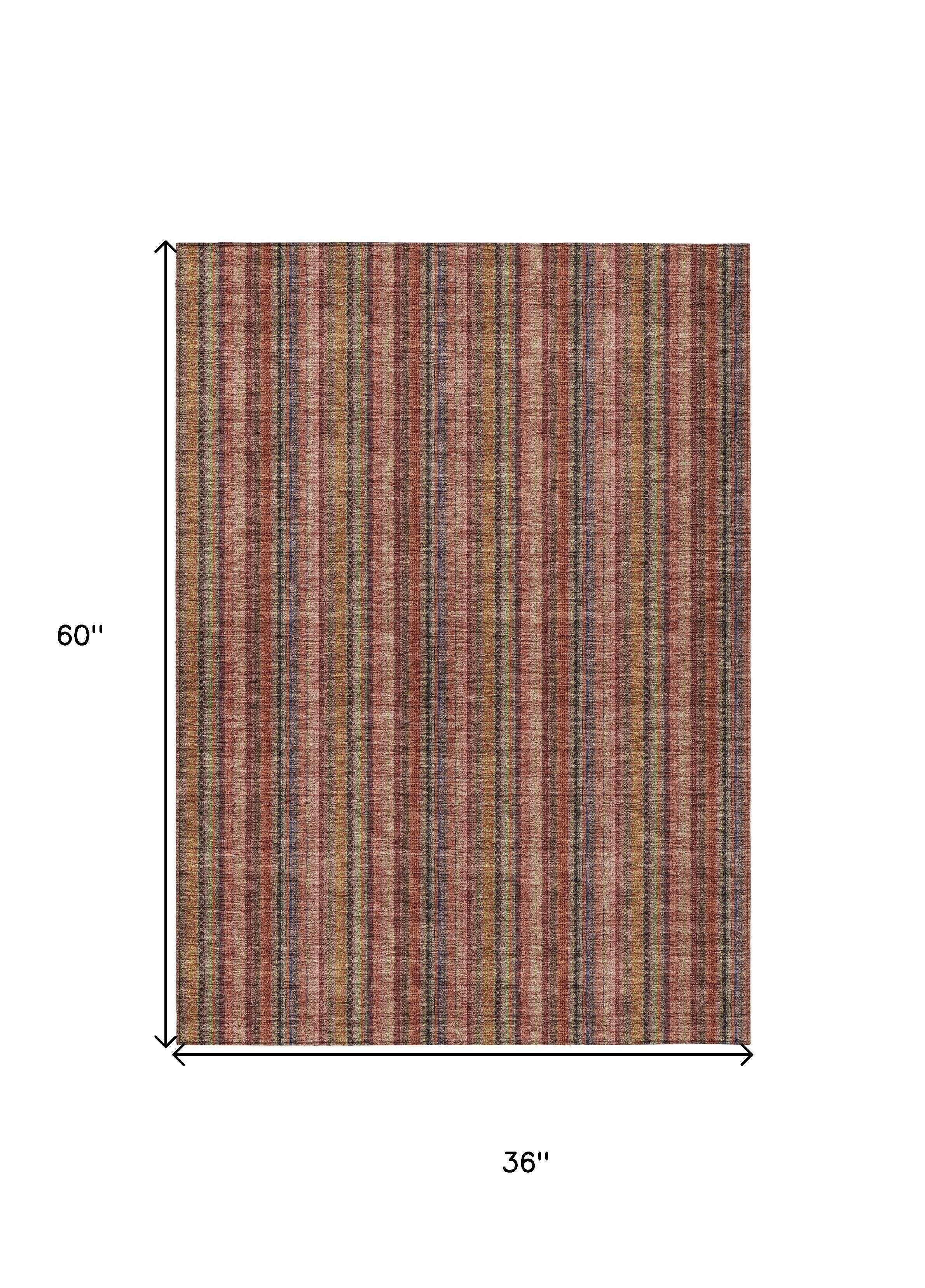 3' X 5' Blush Burgundy And Pink Striped Washable Indoor Outdoor Area Rug