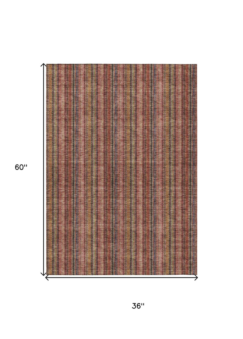 3' X 5' Blush Burgundy And Pink Striped Washable Indoor Outdoor Area Rug