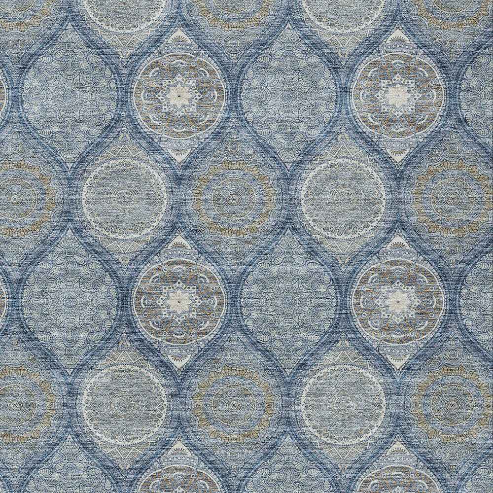 9' X 12' Navy Blue Ivory And Taupe Floral Medallion Washable Indoor Outdoor Area Rug