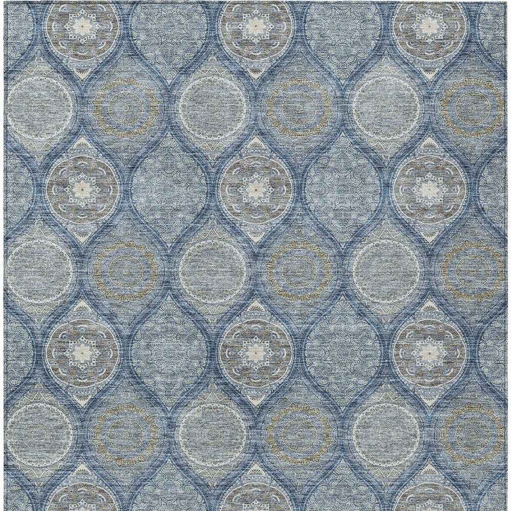 9' X 12' Navy Blue Ivory And Taupe Floral Medallion Washable Indoor Outdoor Area Rug