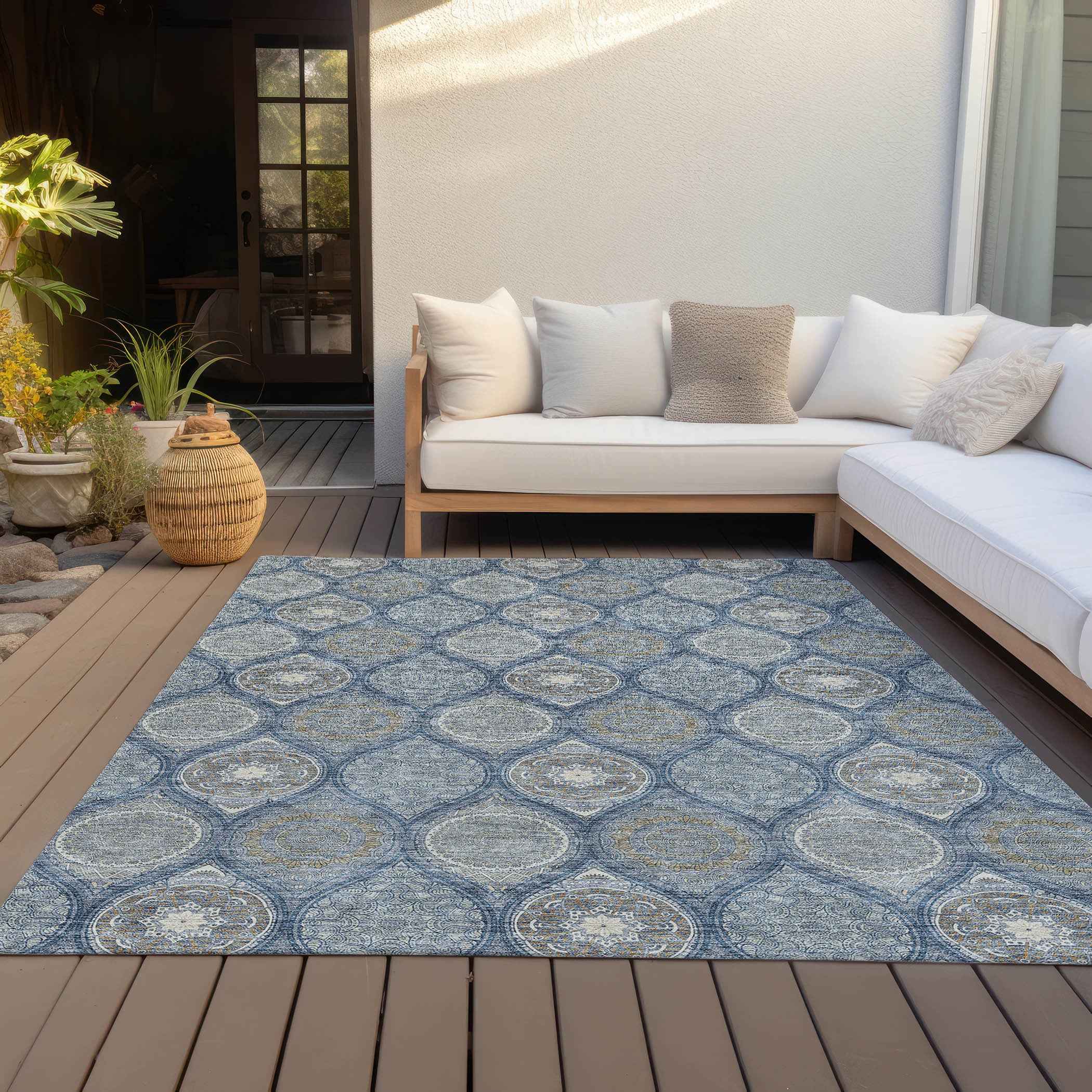 9' X 12' Navy Blue Ivory And Taupe Floral Medallion Washable Indoor Outdoor Area Rug