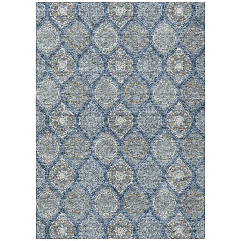 9' X 12' Navy Blue Ivory And Taupe Floral Medallion Washable Indoor Outdoor Area Rug