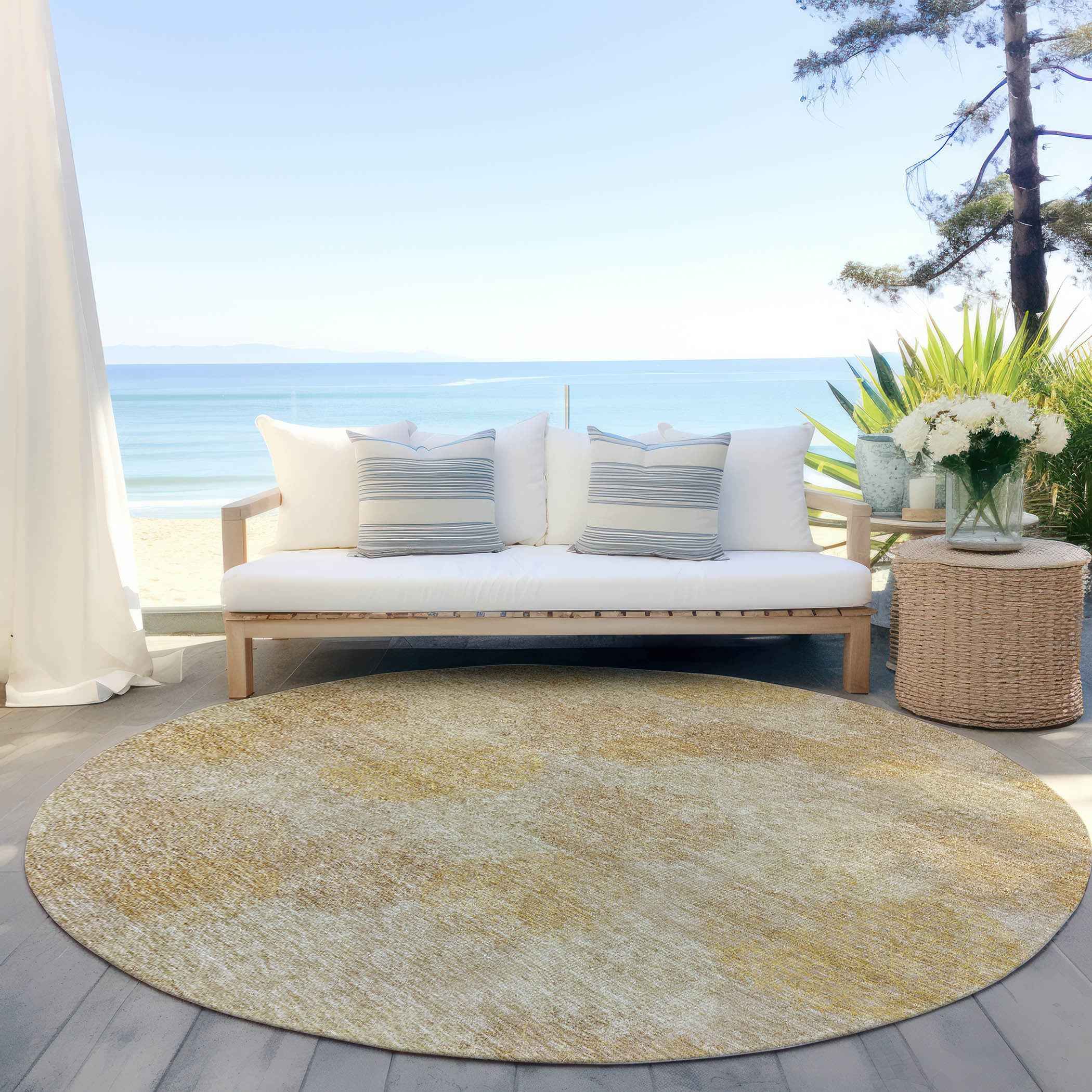 8' Gold Beige And Wheat Round Polka Dot Washable Indoor Outdoor Area Rug