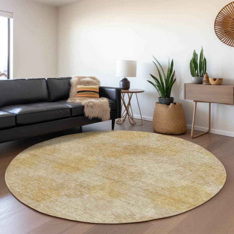 8' Gold Beige And Wheat Round Polka Dot Washable Indoor Outdoor Area Rug
