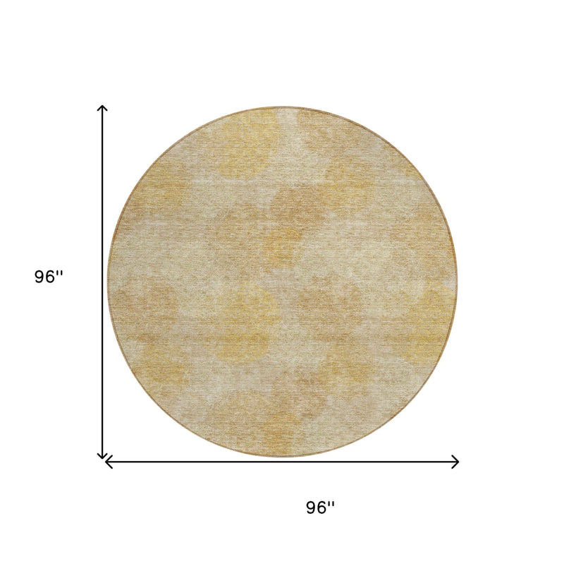 8' Gold Beige And Wheat Round Polka Dot Washable Indoor Outdoor Area Rug