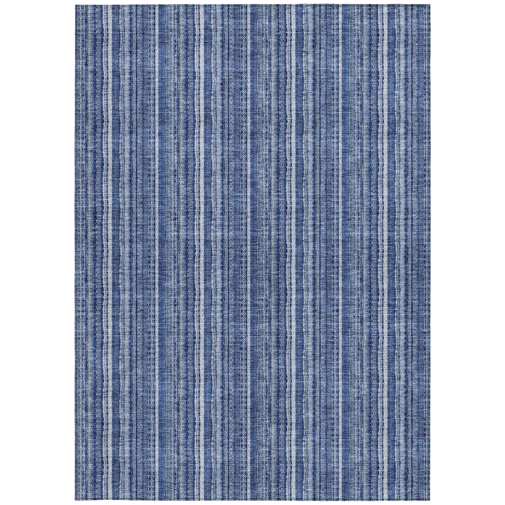 3' X 5' Denim Blue And Ivory Striped Washable Indoor Outdoor Area Rug