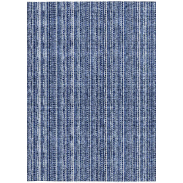 3' X 5' Denim Blue And Ivory Striped Washable Indoor Outdoor Area Rug