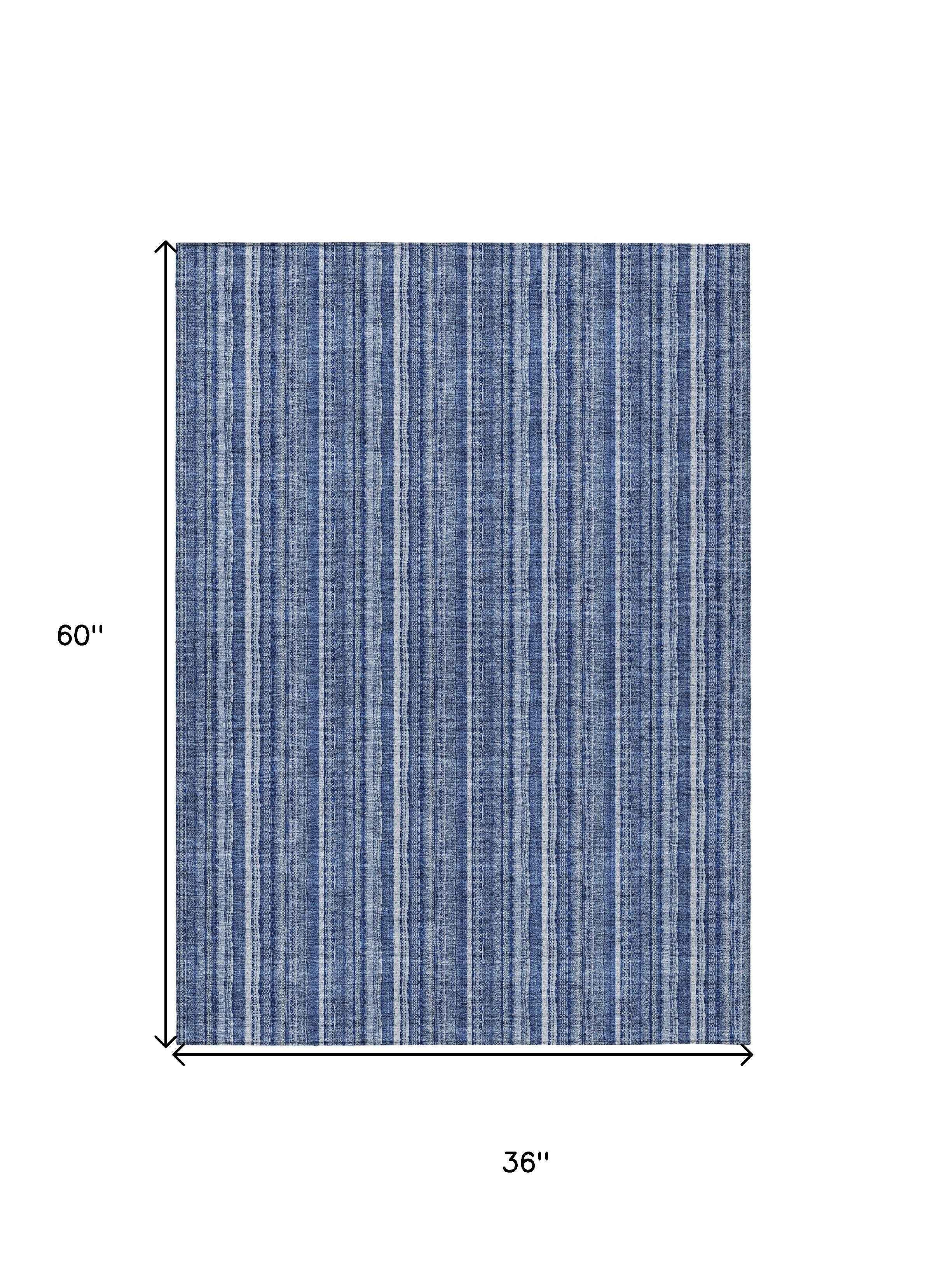 3' X 5' Denim Blue And Ivory Striped Washable Indoor Outdoor Area Rug