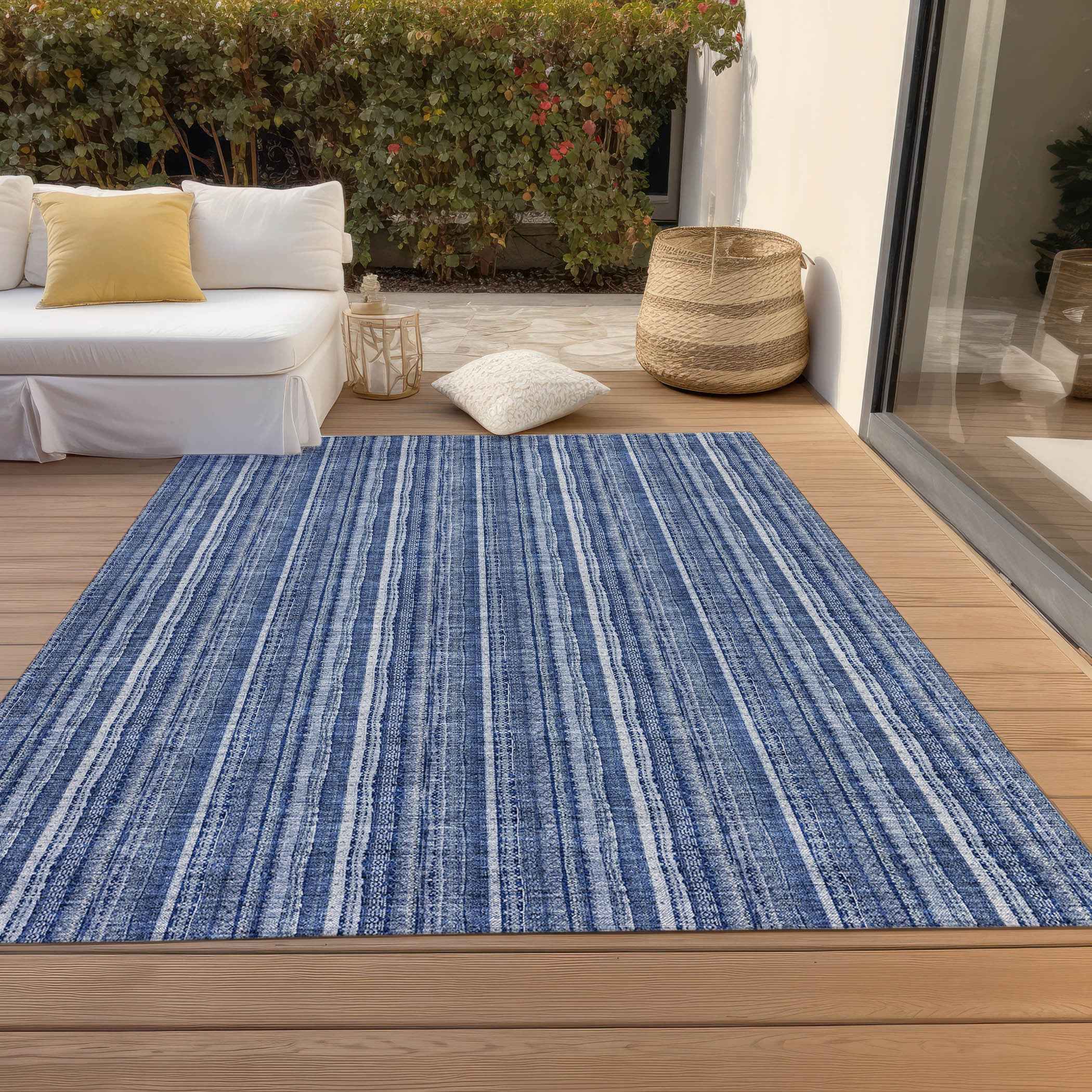 3' X 5' Denim Blue And Ivory Striped Washable Indoor Outdoor Area Rug