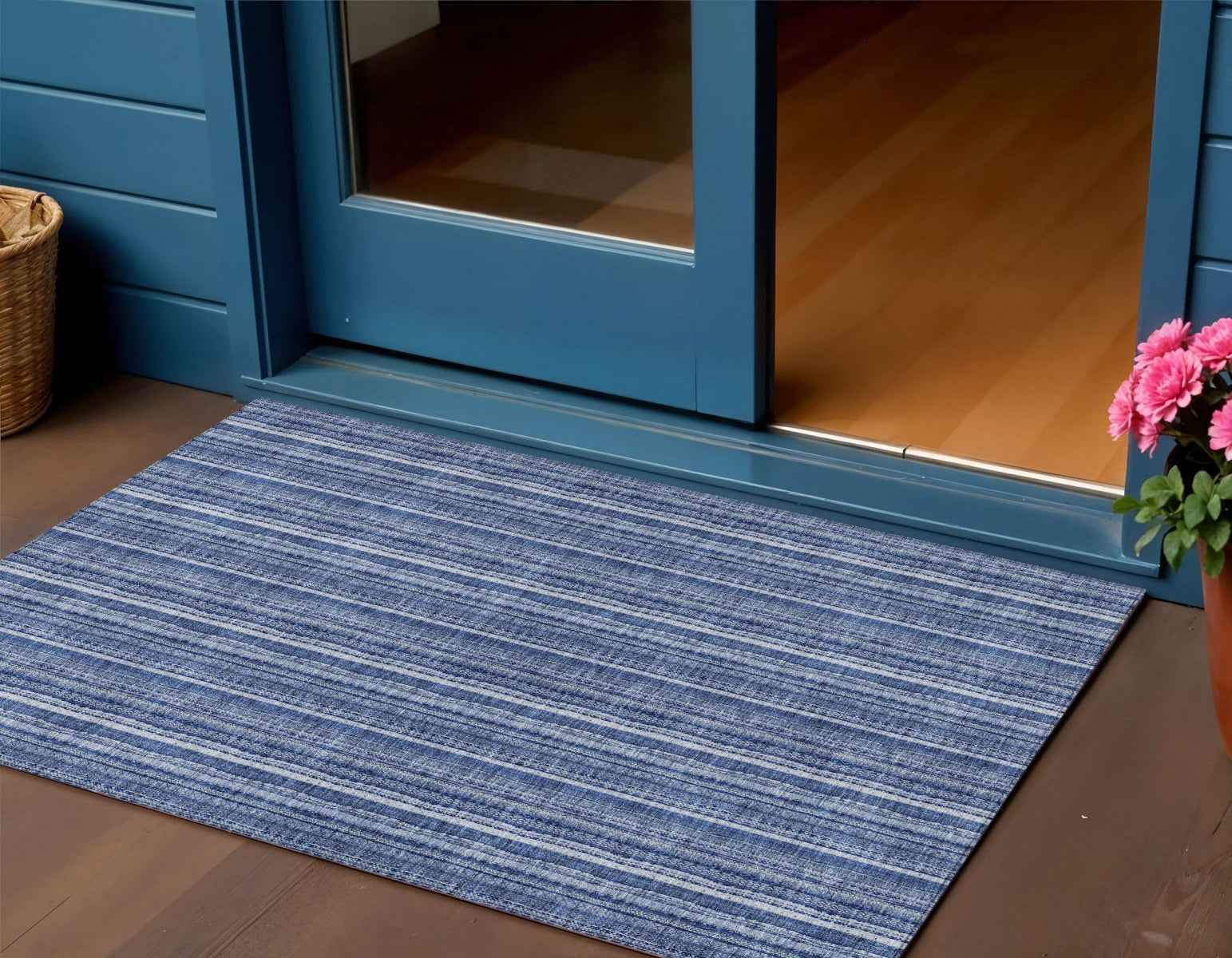 3' X 5' Denim Blue And Ivory Striped Washable Indoor Outdoor Area Rug