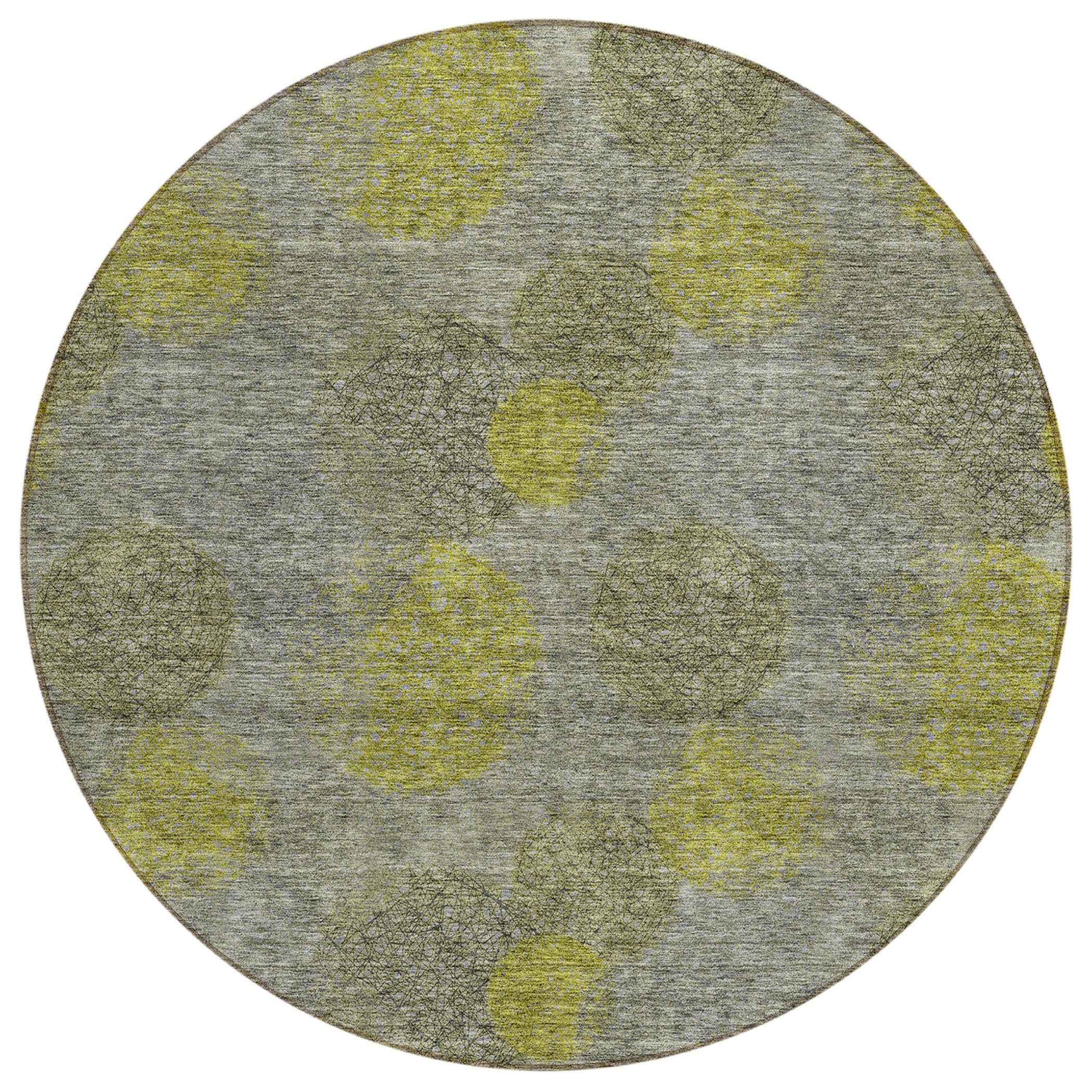 8' Gray Lime Green And Silver Round Polka Dot Washable Indoor Outdoor Area Rug