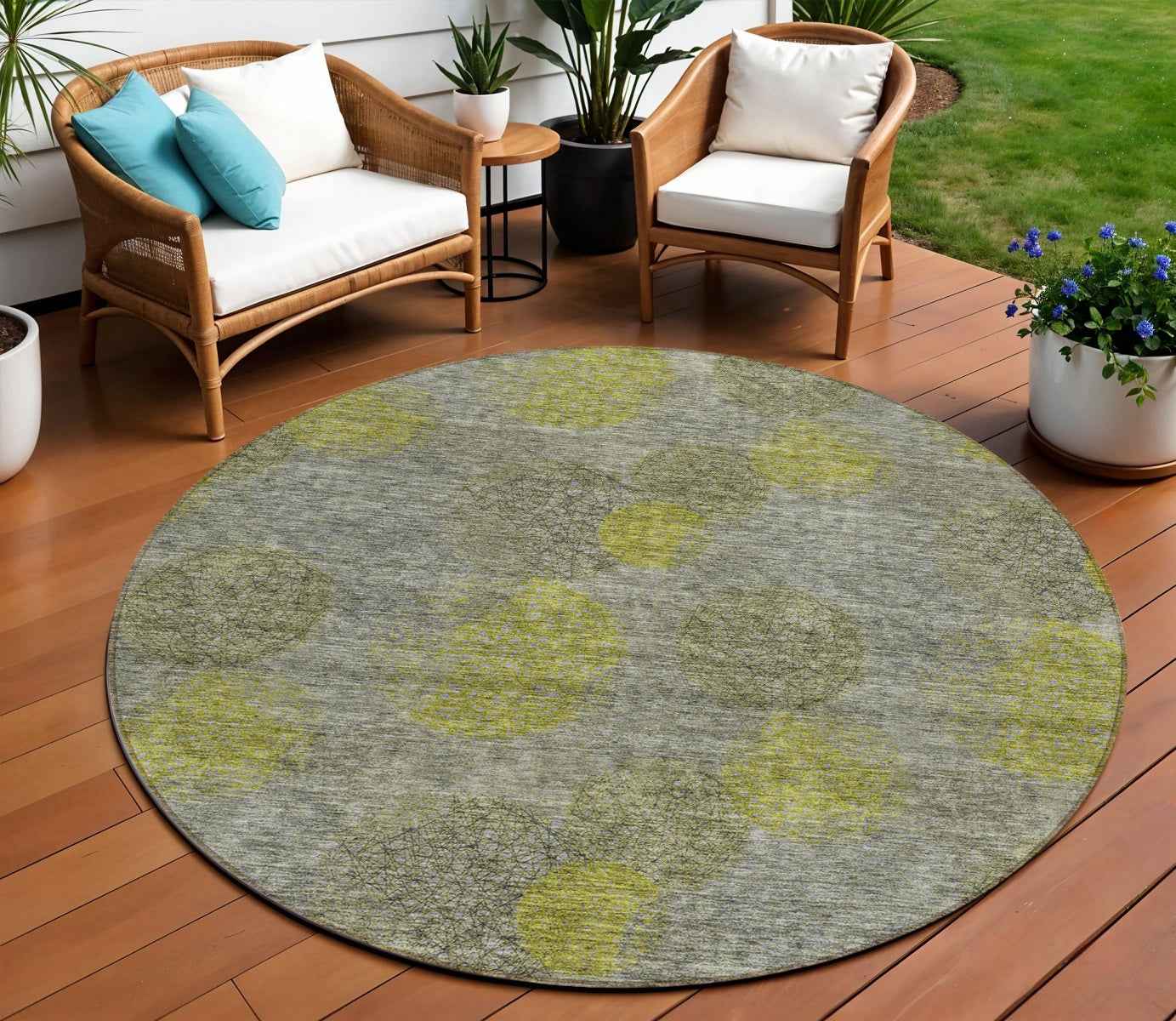 8' Gray Lime Green And Silver Round Polka Dot Washable Indoor Outdoor Area Rug
