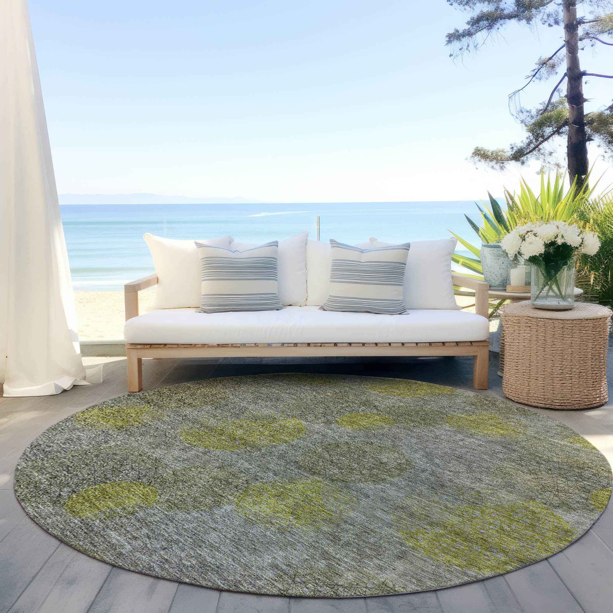 8' Gray Lime Green And Silver Round Polka Dot Washable Indoor Outdoor Area Rug