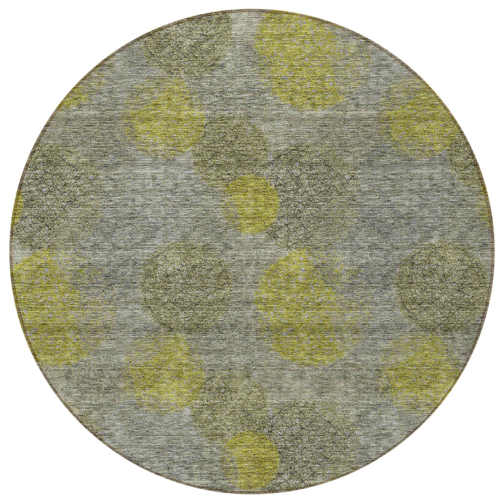 8' Gray Lime Green And Silver Round Polka Dot Washable Indoor Outdoor Area Rug
