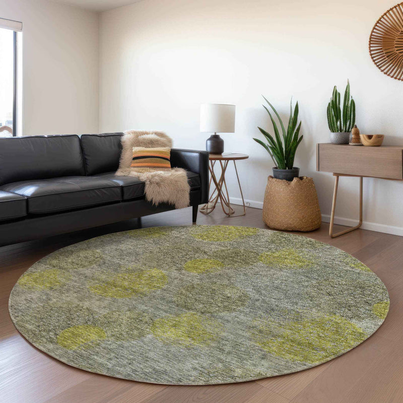 8' Gray Lime Green And Silver Round Polka Dot Washable Indoor Outdoor Area Rug